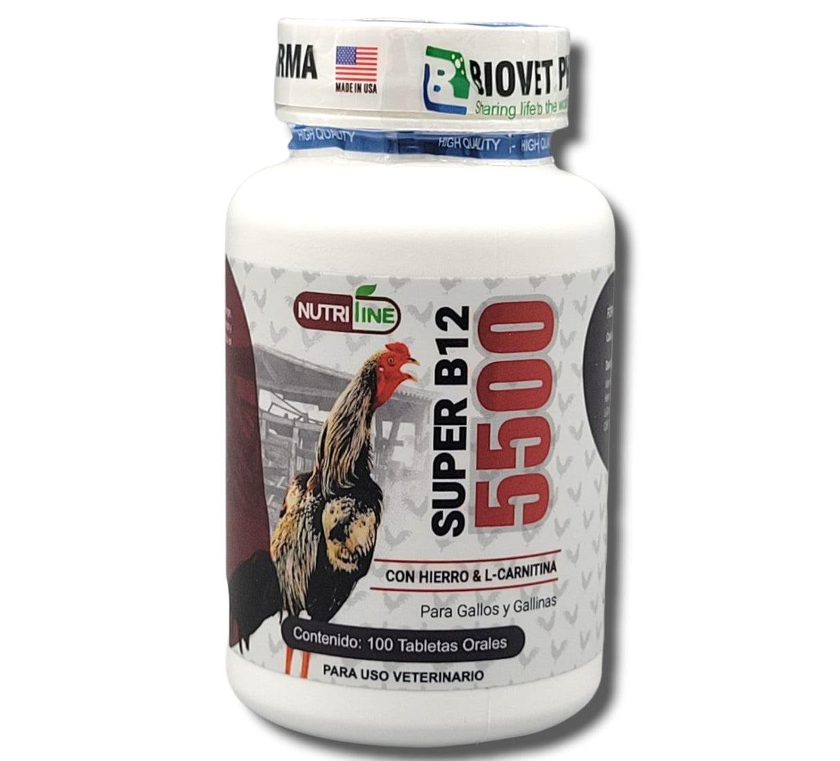 Super B12 5500 Con Hierro L -Carnitina Booster for Rooster - Supplements for Poultry Hen Chicken FARMAVET BIOVETPHARMA LUVAROBLLC