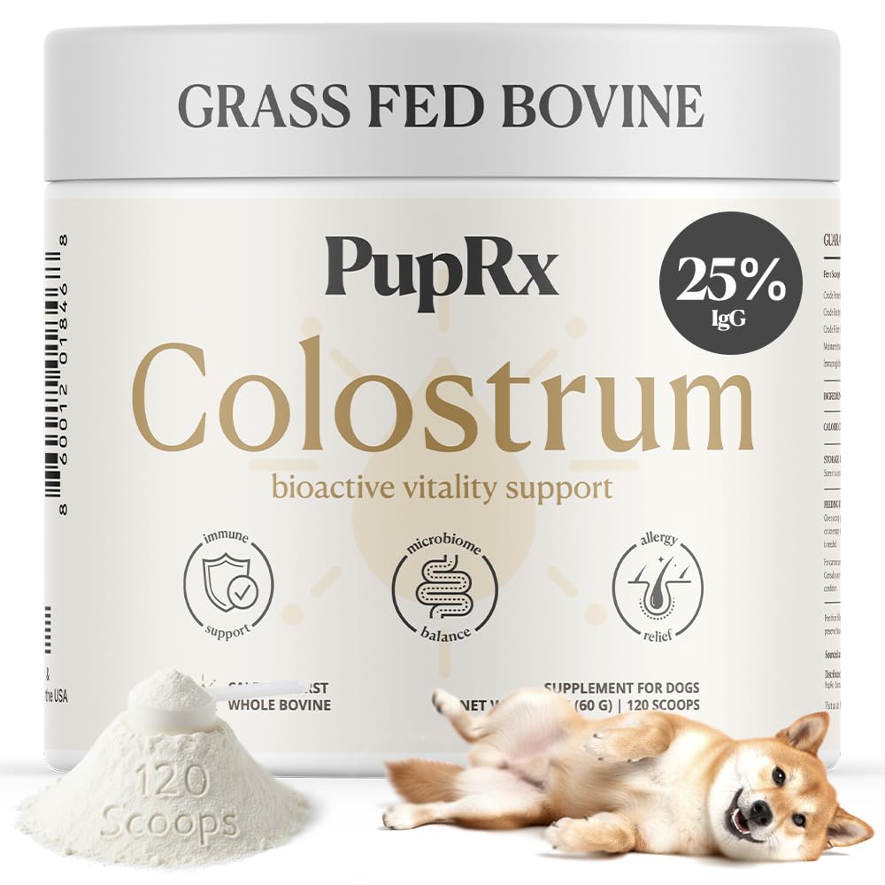 PupRx Colostrum for Dogs - 25% IgG Pure Bovine Colostrum Powder Supports Immune & Gut - Digestive Health, Allergy, Skin & Itch Relief - No Fillers, Grass-Fed USA Sourced – 60g (~120 Scoops)