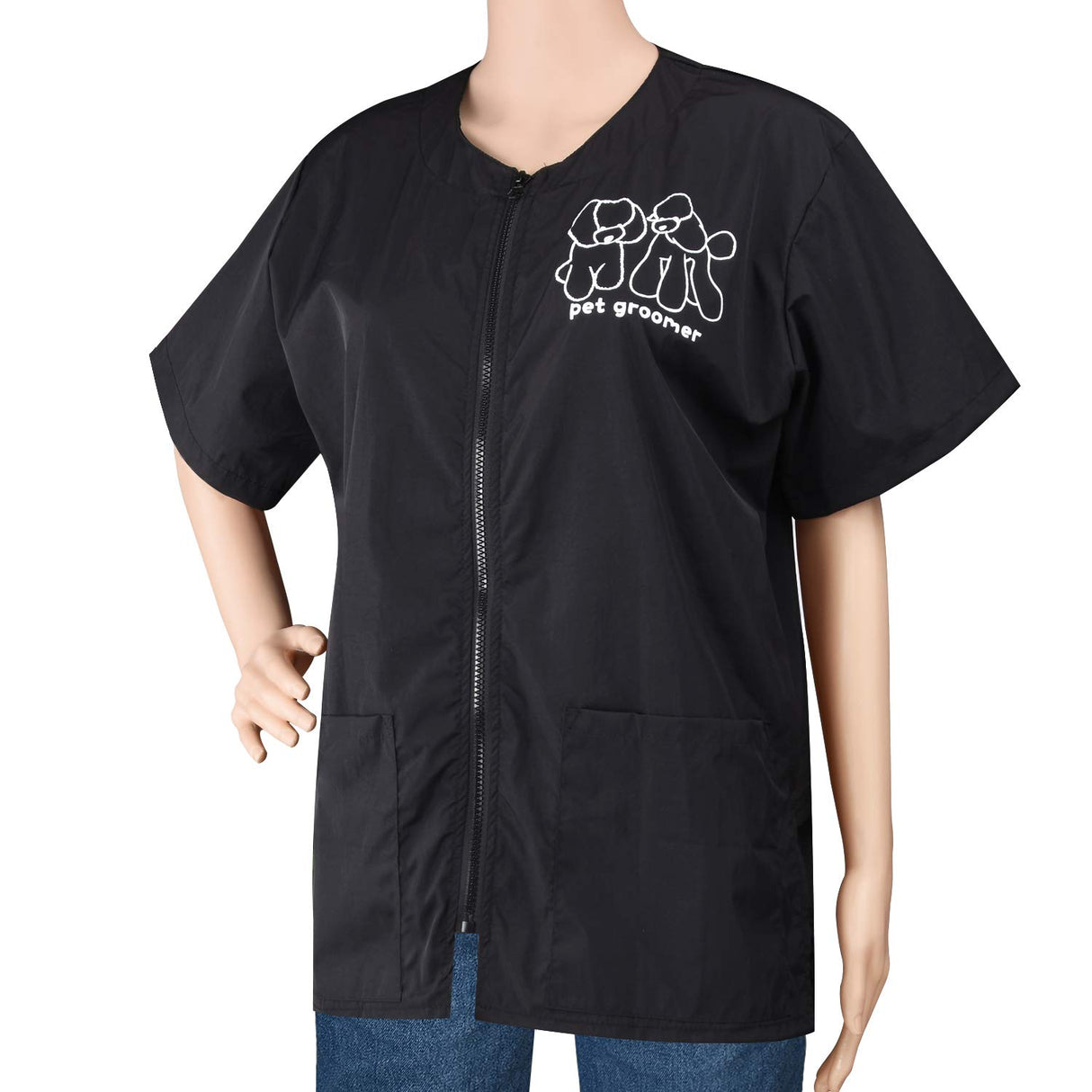 Noverlife Short Sleeves Pet Grooming Work Clothes with Full Zipper, XL Size, Splash Proof Anti-Static Pets Beautician Smock, Dog Cat Groomer Cosmetologist Uniforms for Pet Shop Men Women