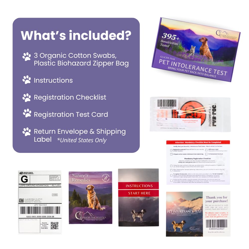 Glacier Peak Holistics, The Original Pet Intolerance Test - Screen Over 395 Food and Environmental Stressors, A Hair and Saliva Kit for Cat and Dog Sensitivities (Results in 7-10 Business Days)