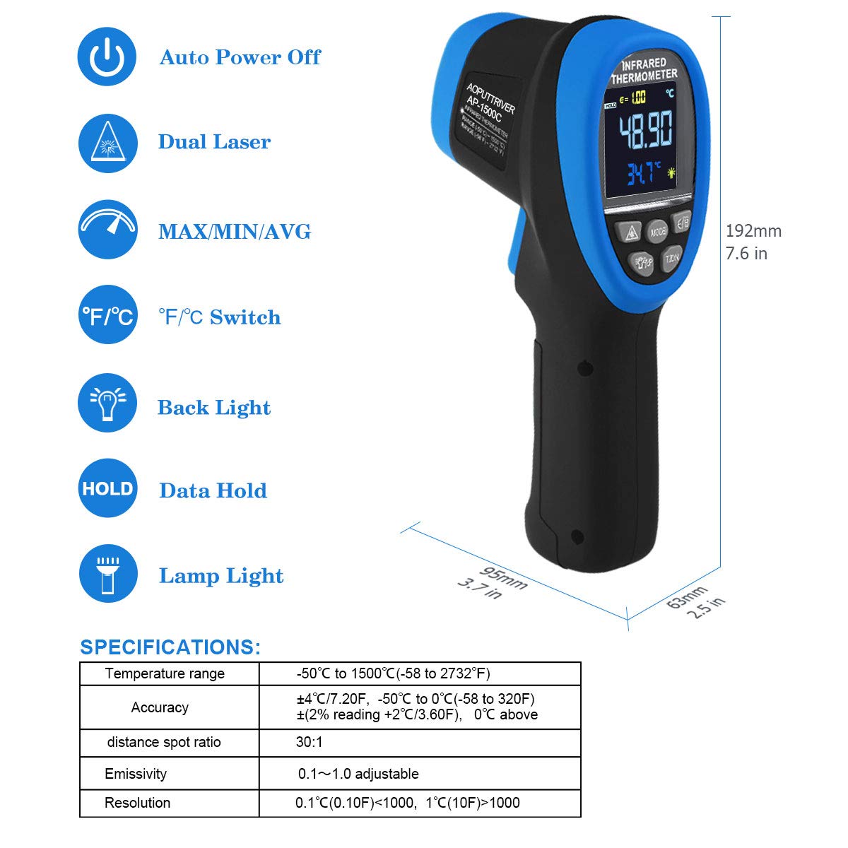 Infrared Thermometer AP-1500C Color LCD High Temp Thermometer Pyrometer IR Temperature Gun -58℉- 2732℉ (-50℃ to 1500℃),30:1 Distance Spot Ratio,Dual Laser and Flashlight(NOT for Human)