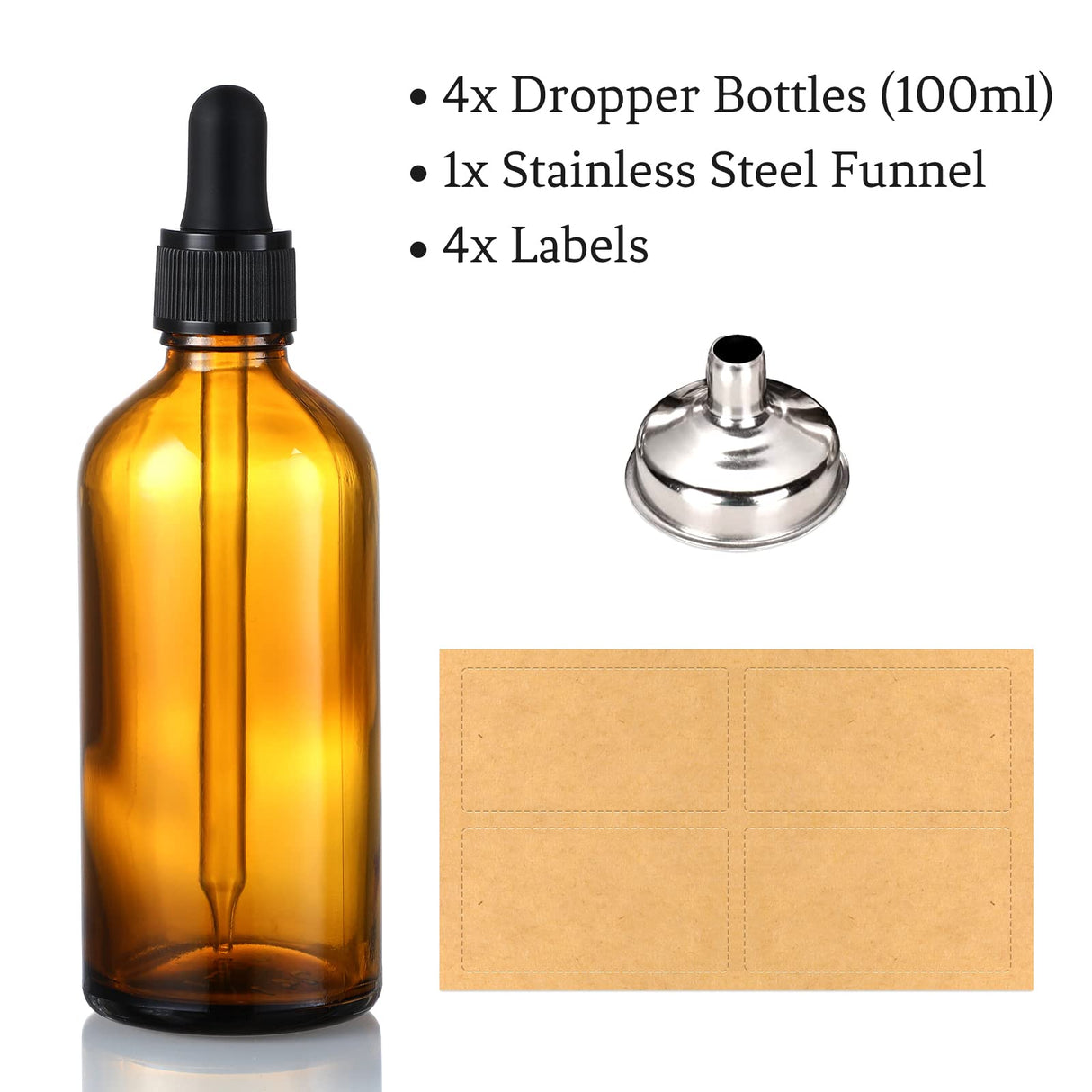4 Pack, 100ml Dropper Bottles with 1 Funnel & 4 Labels - Essential Oils Bottles for Health, Personal Care & Beauty - 3.4oz Thick Dark Amber Glass Tincture Bottle with Eye Droppers, Leakproof