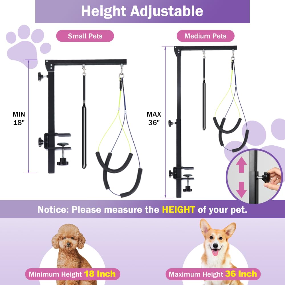 AGESISI Dog Grooming Arm with Clamp, Heavy Duty Pet Grooming Table Arm with Grooming Hammock, Loop Noose & Two No-Sit Haunch Holder, 36" Height Adjustable for Medium & Small Pets, Black