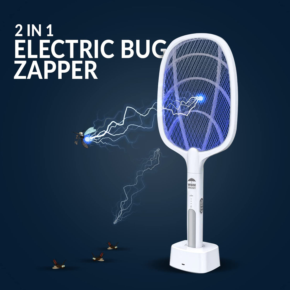 WBM SMART 2 in 1 Electric Bug Zapper, Mosquitoes Trap Lamp & Racket, USB Rechargeable Electric Fly Swatter for Home and Outdoor Powerful Grid 3-Layer Safety Mesh Safe to Touch, Pack of 2