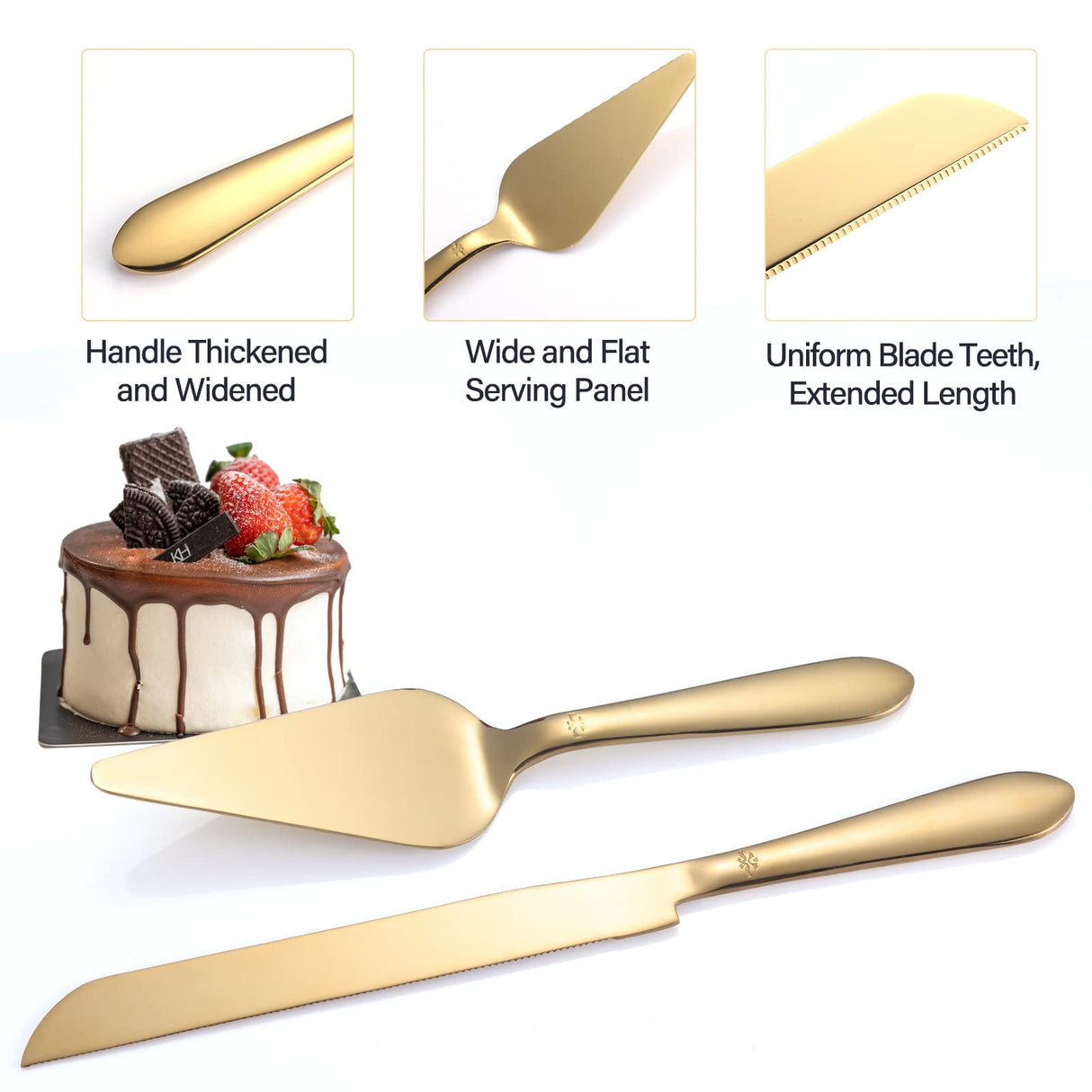 Cake Cutting Set for Wedding, Elegant Cake Knife and Server Set with Thickened Stainless Steel Rounded Edges, Cake Cutter Pie Spatula for Birthday Anniversary, 2 Pcs, Gold