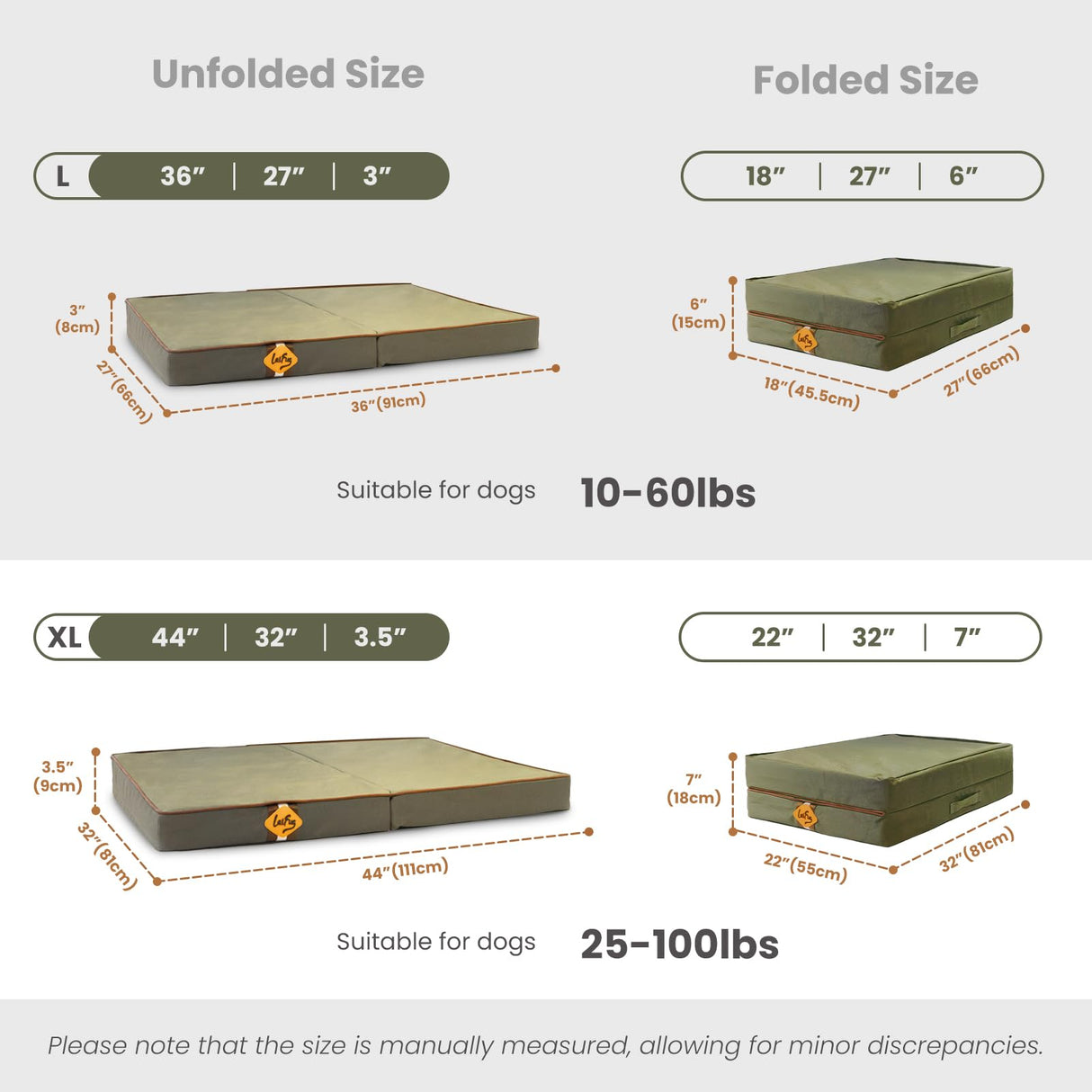 Laifug Foldable Waterproof Dog Bed for Large Dogs - Outdoor Orthopedic Dog Bed with Washable Removable Cover, Pet Mattress with Handles, Army Green, (36 x 27 x 3.5, inches)
