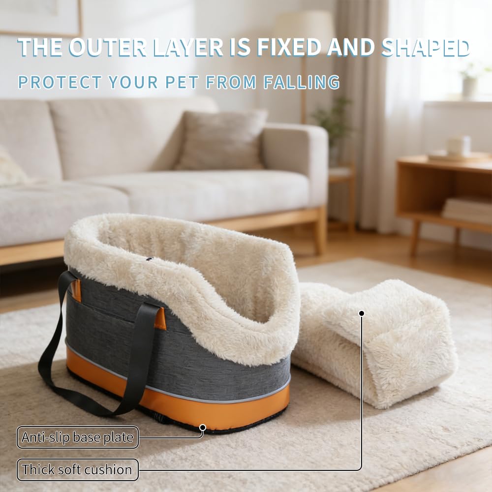 Pet Car Center Console Elevated Armrest Car Seat for Small Puppy, Dogs & Cats (Up to 10 lbs) – Dark Gray Washable Plush Carrier with Safety Leash, Fits Front Vehicle Console Space