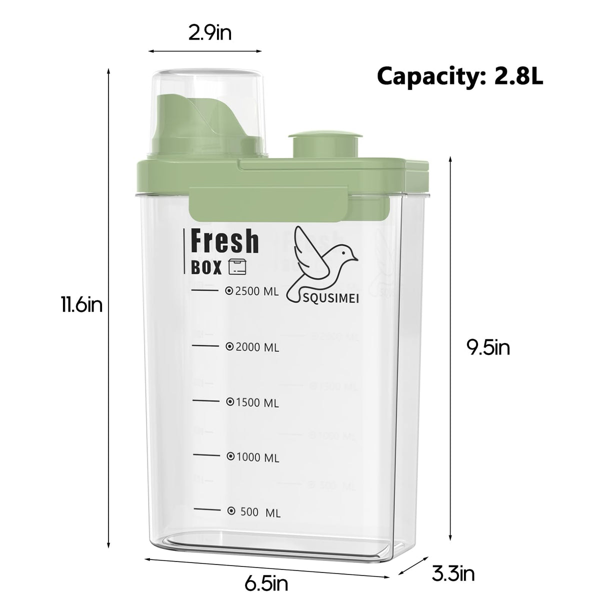 SQUSIMEI 3 Qt/2.8 L Bird Seed Storage Container with Lids Airtight Measuring Cup, Bird Seed Dispenser Pet Food Container Are Used to Store Bird Food, Chicken Feed BPA Free (2.8L, Green)
