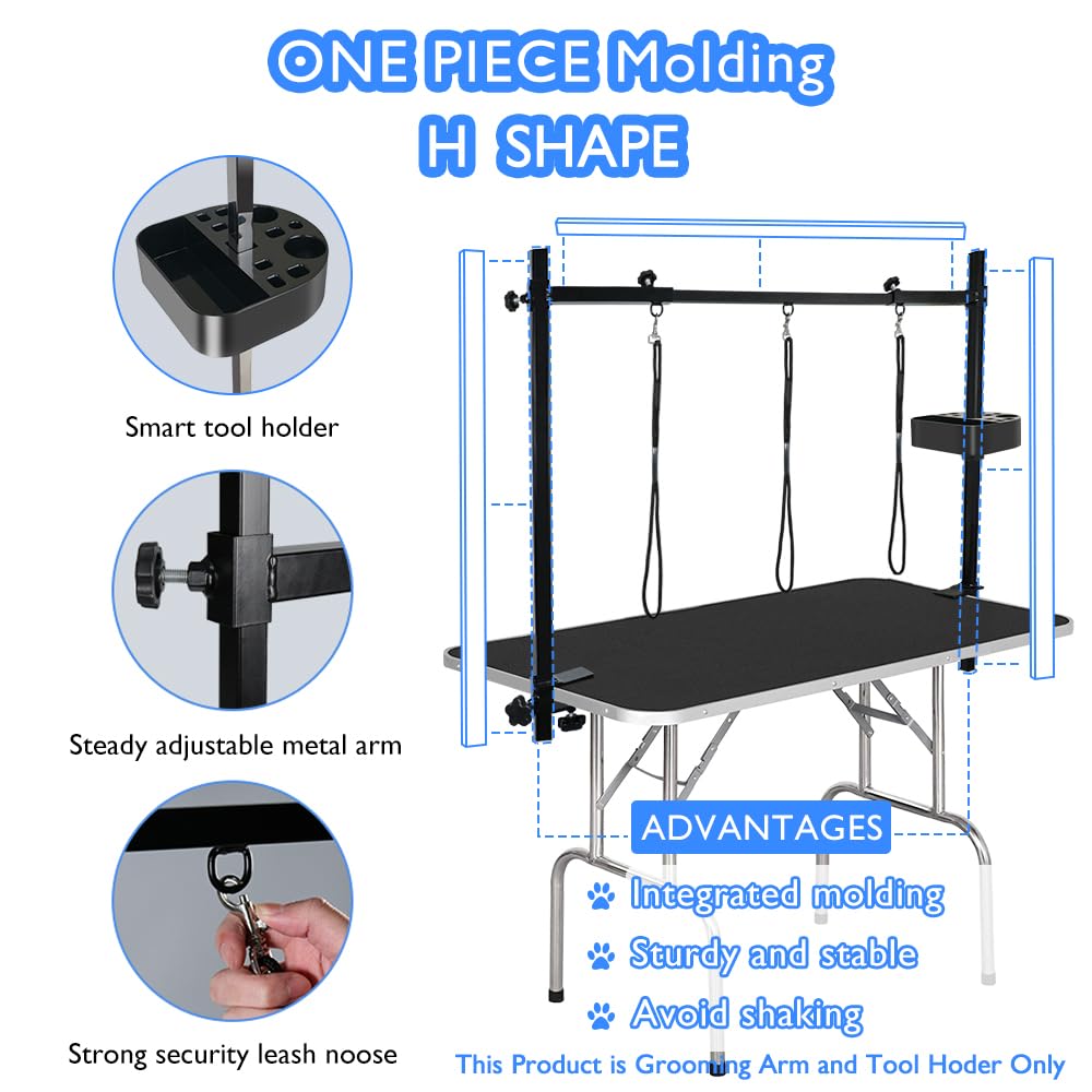 LEIBOU H-Shape Pet Grooming Table Arm with Tool Holder Noose and Clamp for Dogs and Cats Heavy Duty Aluminum Alloy Frame with 35.4” Adjustable Height and 36.2” ~ 50” Adjustable Width