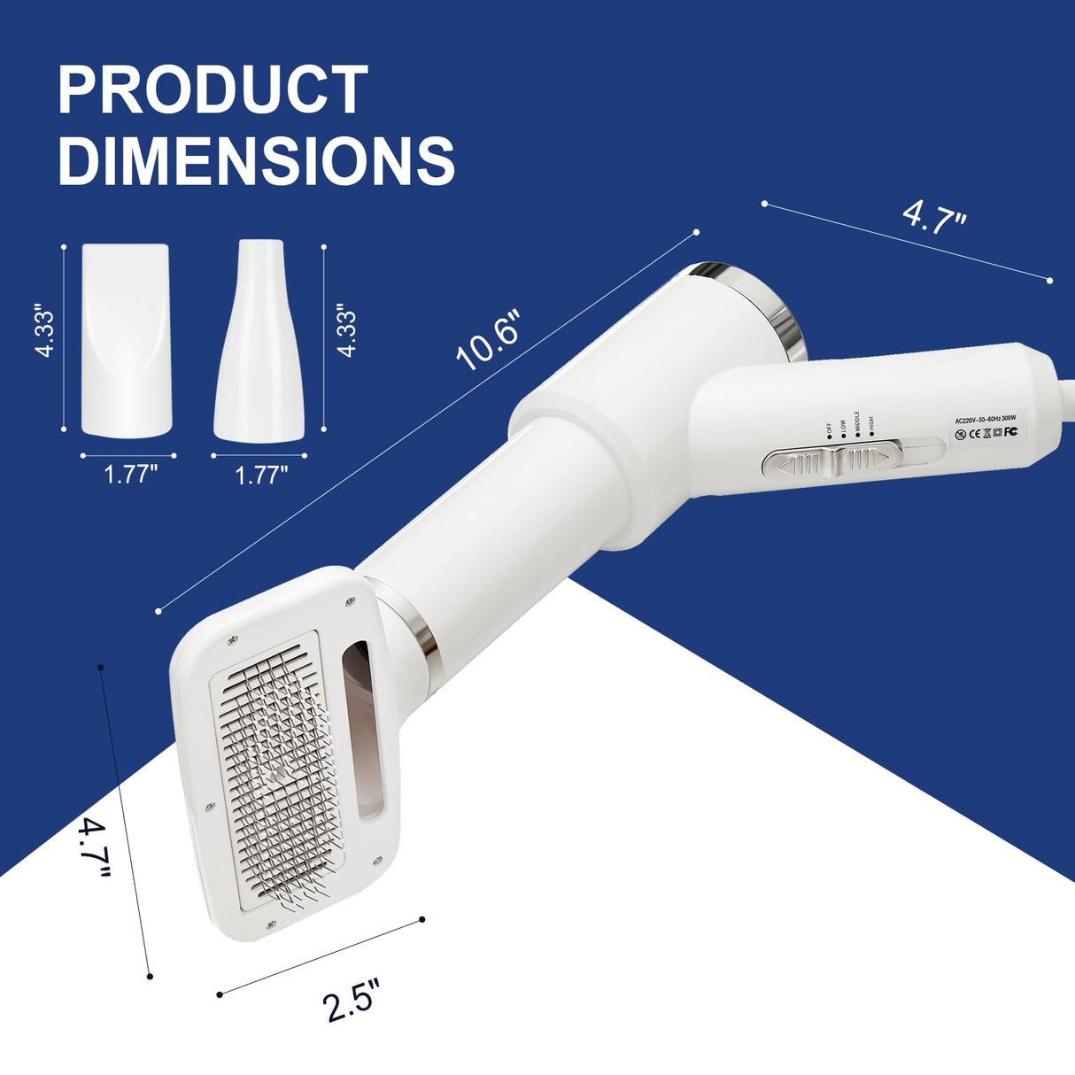 Portable Dog Hair Dryer with Brush – 300W, 3 Heat Settings, Professional, Overheat Protection for Small Medium Pets