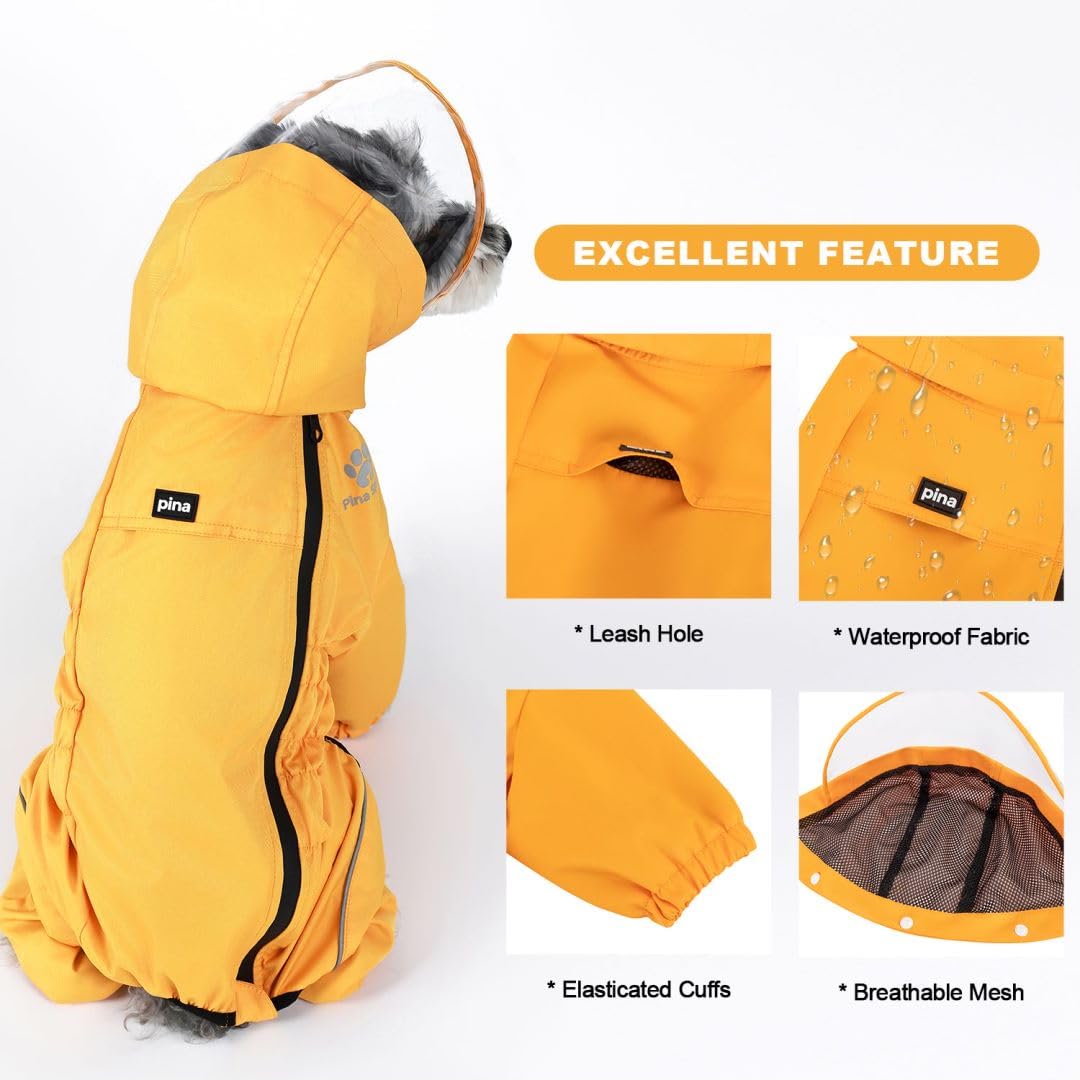PINA Dog Raincoat with Hood, Lightweight Dog Jacket, Poncho with Reflective Strap and Pocket, Full Wrap Design for Wet Weather