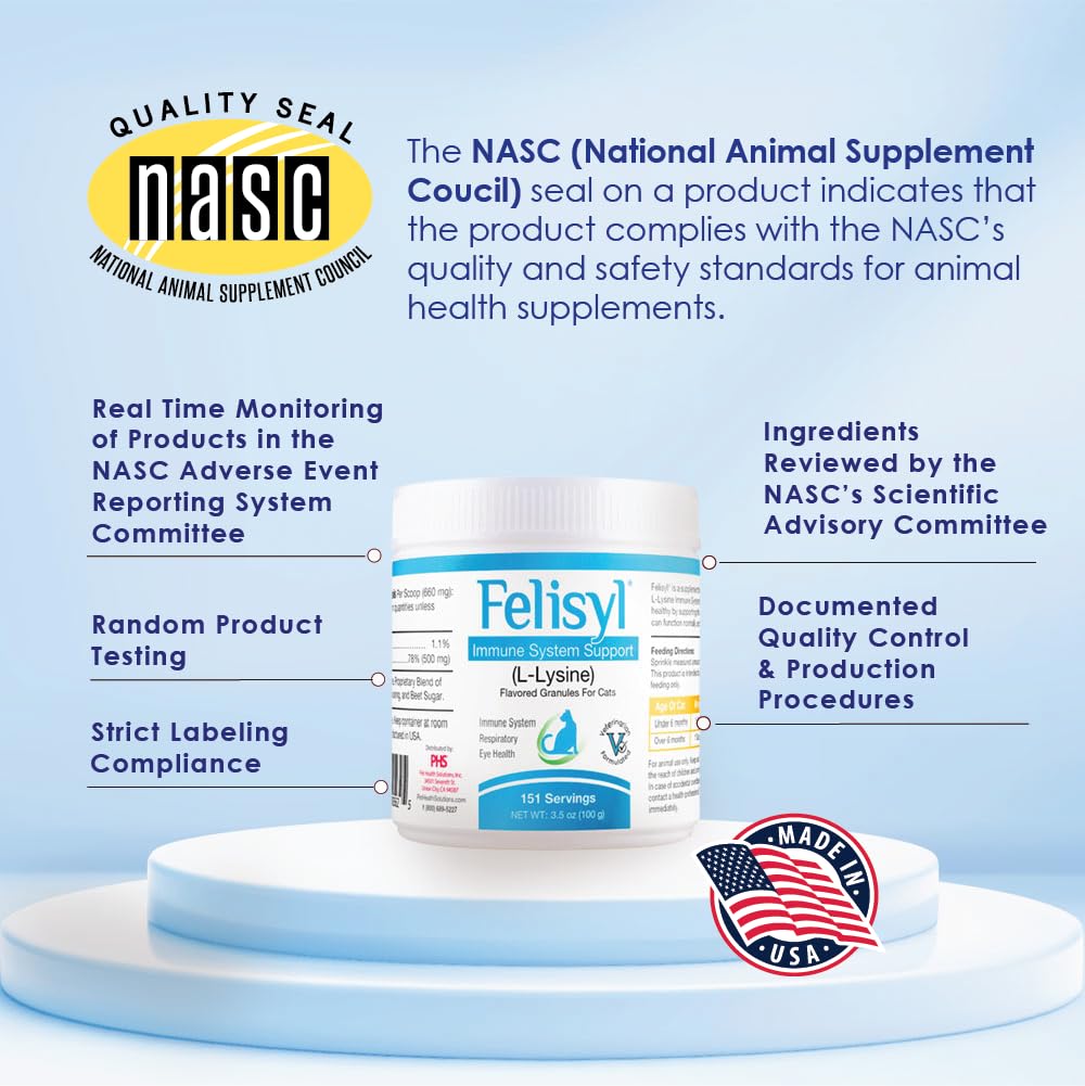 Felisyl L-Lysine Granules for Cats 100g (3.5 oz, 310 Servings) β Supports Immune, Respiratory, and Eye Health. Eases Sneezing, Runny Nose, and Watery Eyes. Tasty Salmon Flavor - Made in The USA