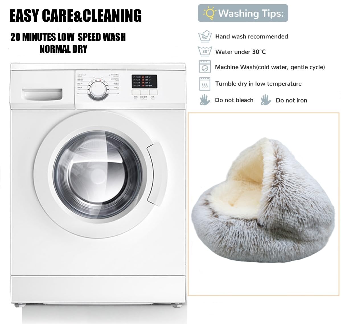 ZaneSun Calming Round Dog Bed & Cat Cave with Hooded Cover, Plush Fluffy Anti-Anxiety Cat Bed, Waterproof Bottom Washable (Coffee, 20x20inch)
