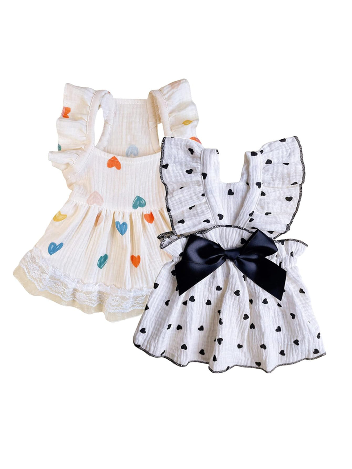 QWINEE 2pc Cute Heart Pattern Dog Dress Ruffle Trim Princess Dress Cat Vest Dress Lace Trim Summer Dress Pet Clothes for Small Medium Cats Dogs Kitten Puppy Black Multi Medium