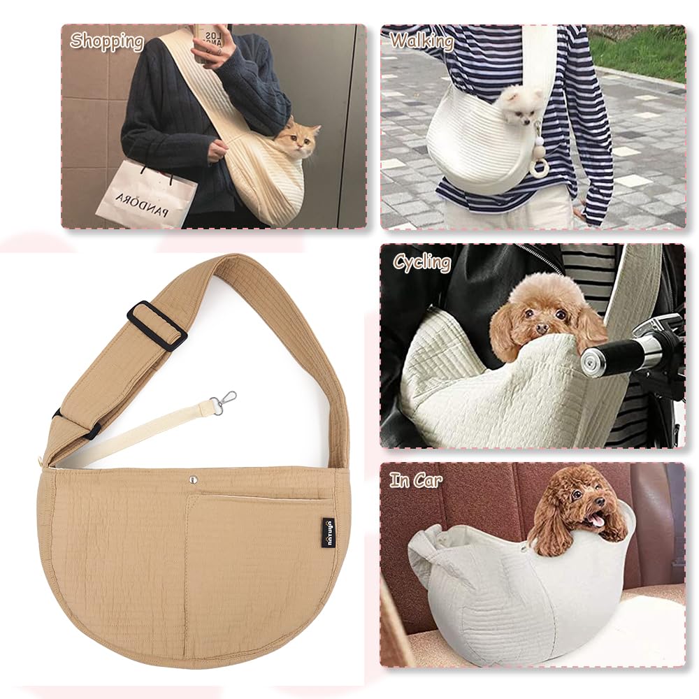 NATUYA Small Dog Carrier Sling Cat Sling, Adjustable Strap Comfy Stylish Puppy Pouch with Big Pockets for Travel Walking Subway (Brown,Adjust Strap-Canvas)