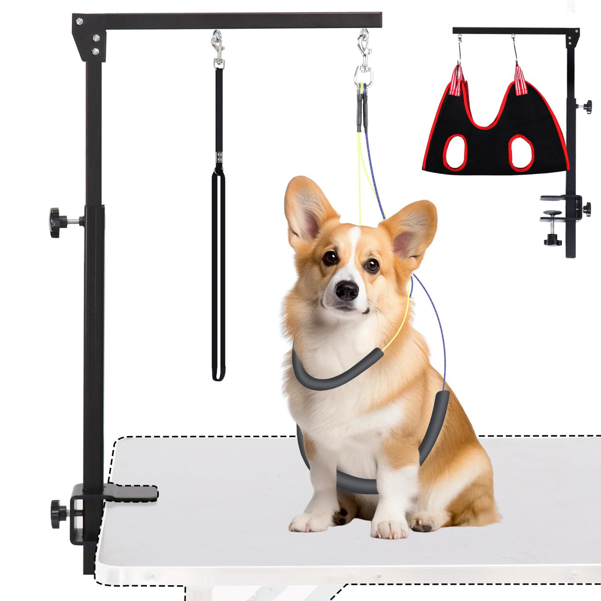 AGESISI Dog Grooming Arm with Clamp, Heavy Duty Pet Grooming Table Arm with Grooming Hammock, Loop Noose & Two No-Sit Haunch Holder, 36" Height Adjustable for Medium & Small Pets, Black