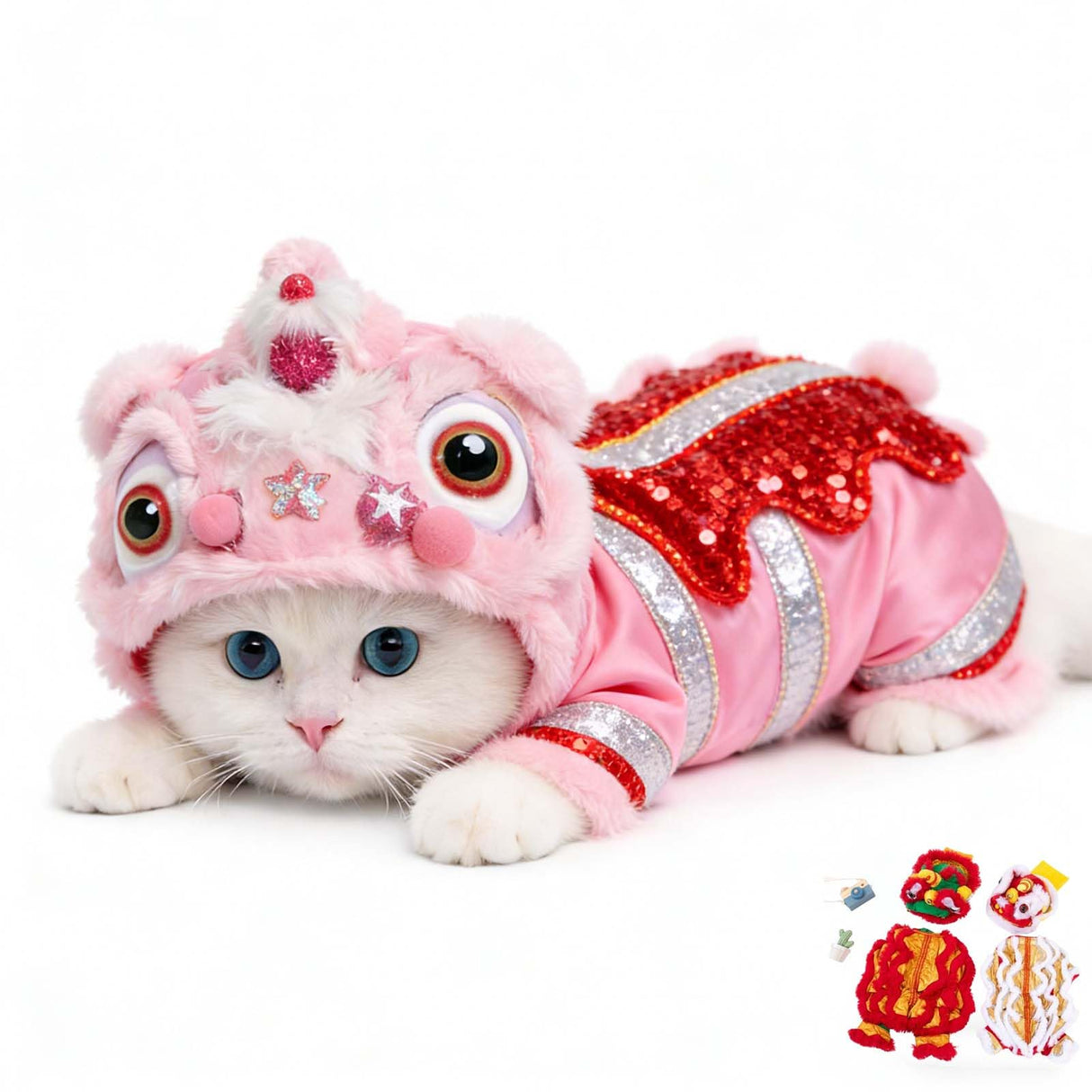 Chinese Lion Dance Dog Costume, Chinese New Year Dog Outfit, Spring Festival Pet Clothes Hoodie Coat (Light Pink,Large)