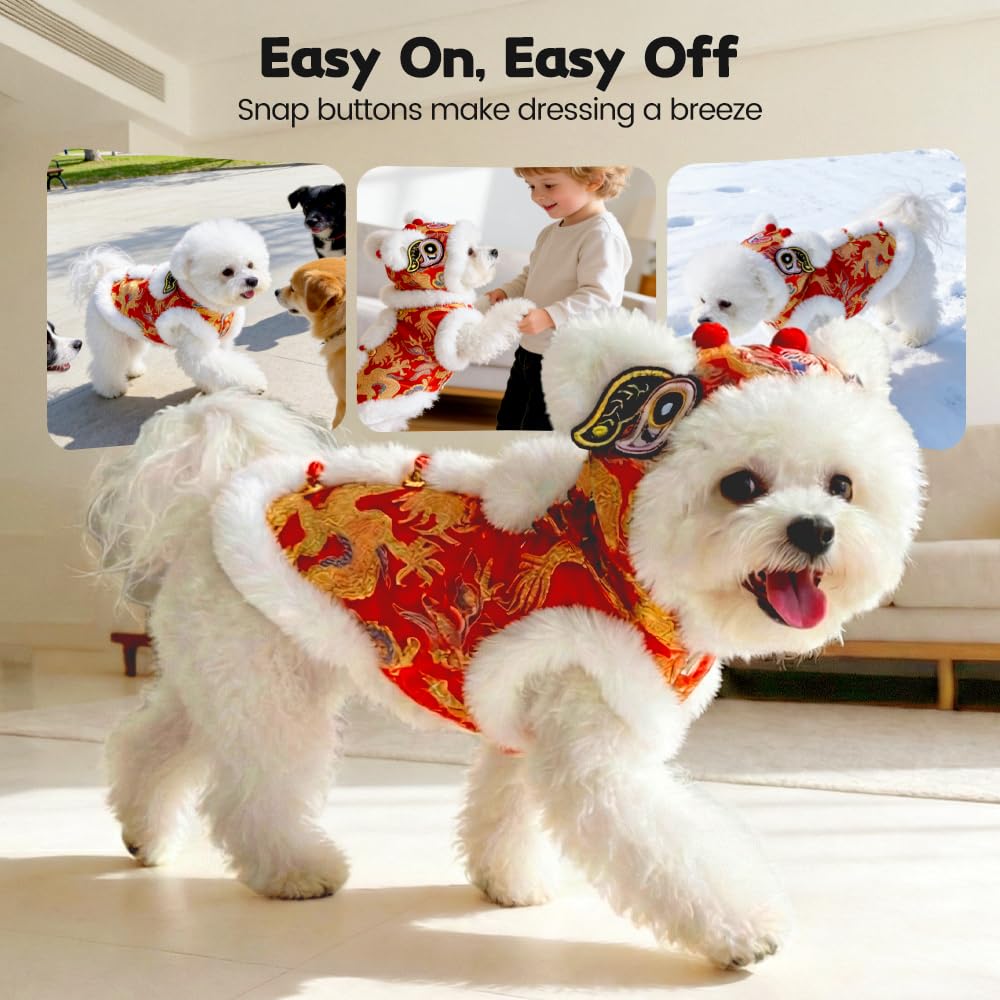 Cute Dance Lion Pet Costume with Red Sequins New Year Cat Dog Clothes Hoodies Coat Chinese Lion Dance Dog Costume, Spring Festival Pet Outfit (X-Small)