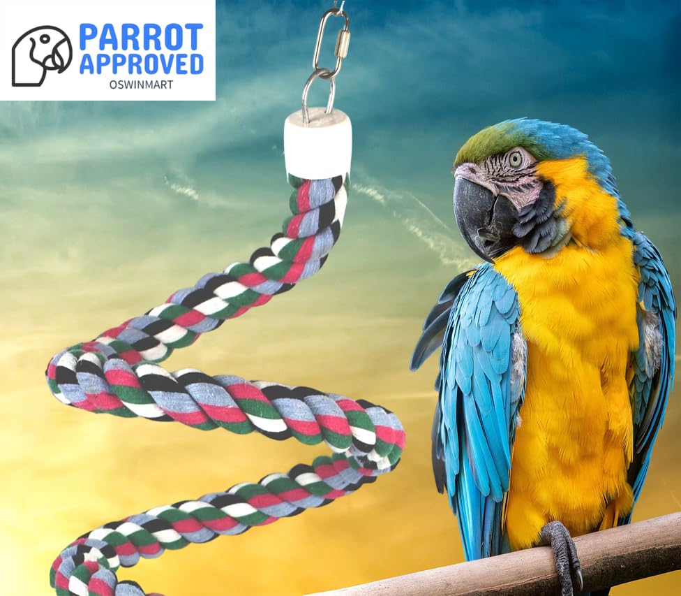 94.4inch Length Colorful Cotton Bendable Rope Perch Swing Bird Chew Toys Amazon Parrots Cage Toys with Bell Swing Climbing Standing Bungee Bird Toys for Regular to Big Size Birds