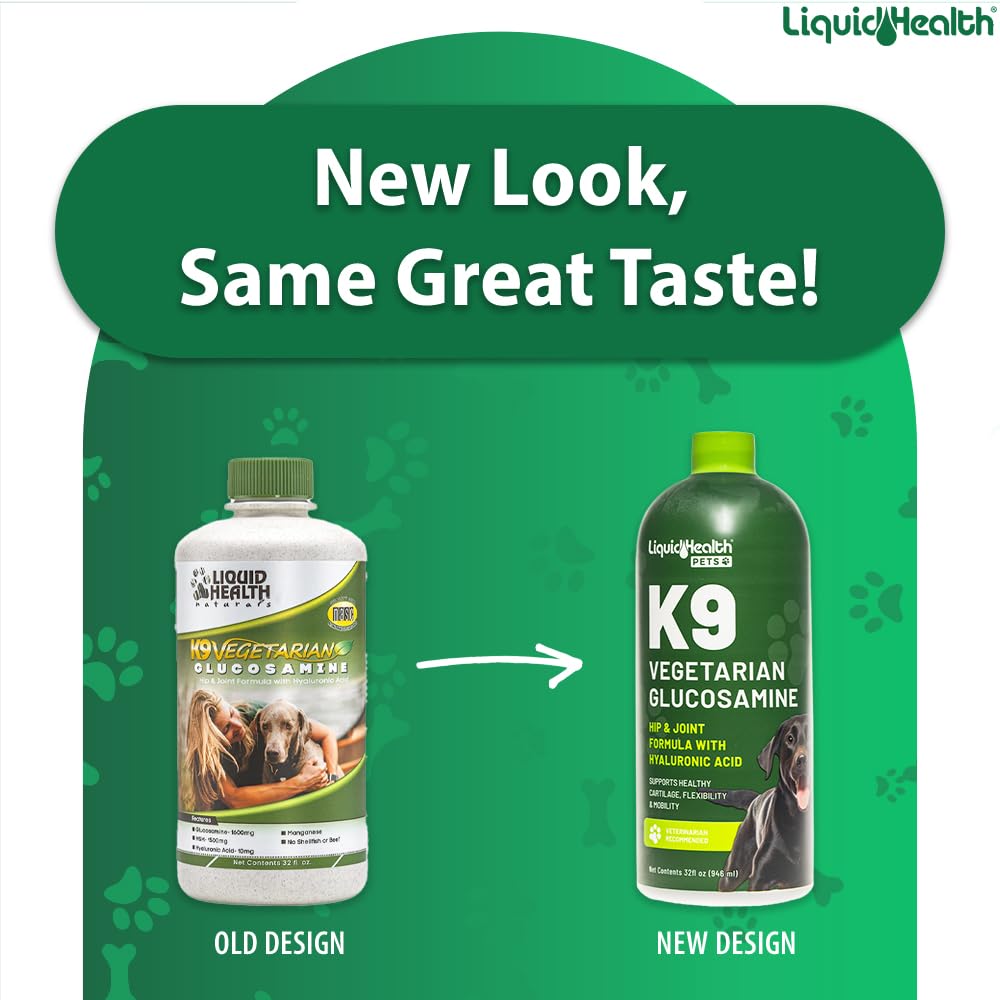 LIQUIDHEALTH 32 Oz K9 Vegetarian Liquid Glucosamine for All Dogs Canines - Chondroitin, MSM, Omega 3, Anti Oxidants Hyaluronic Acid – Joint Health, Dog Vitamins Hip Joint Juice, Joint Oil