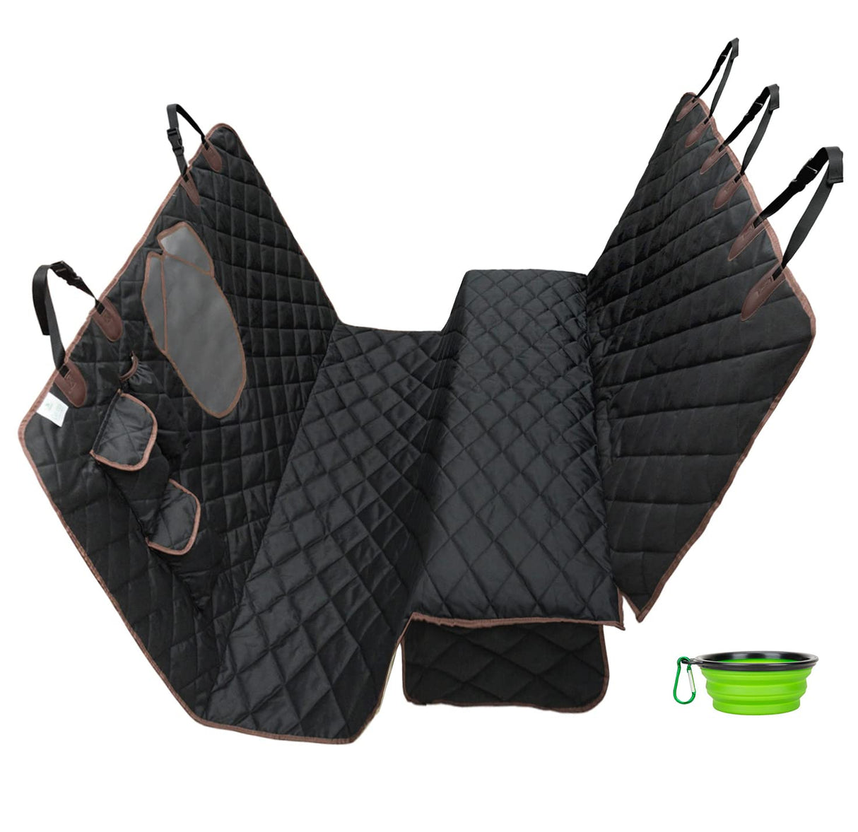 Tapiona XXL (63”Wx94”L) Brown Trim with Mesh Window Back Seat Cover for Cars, Trucks & SUVs - Heavy Duty, Washable + Pet Travel Bowl