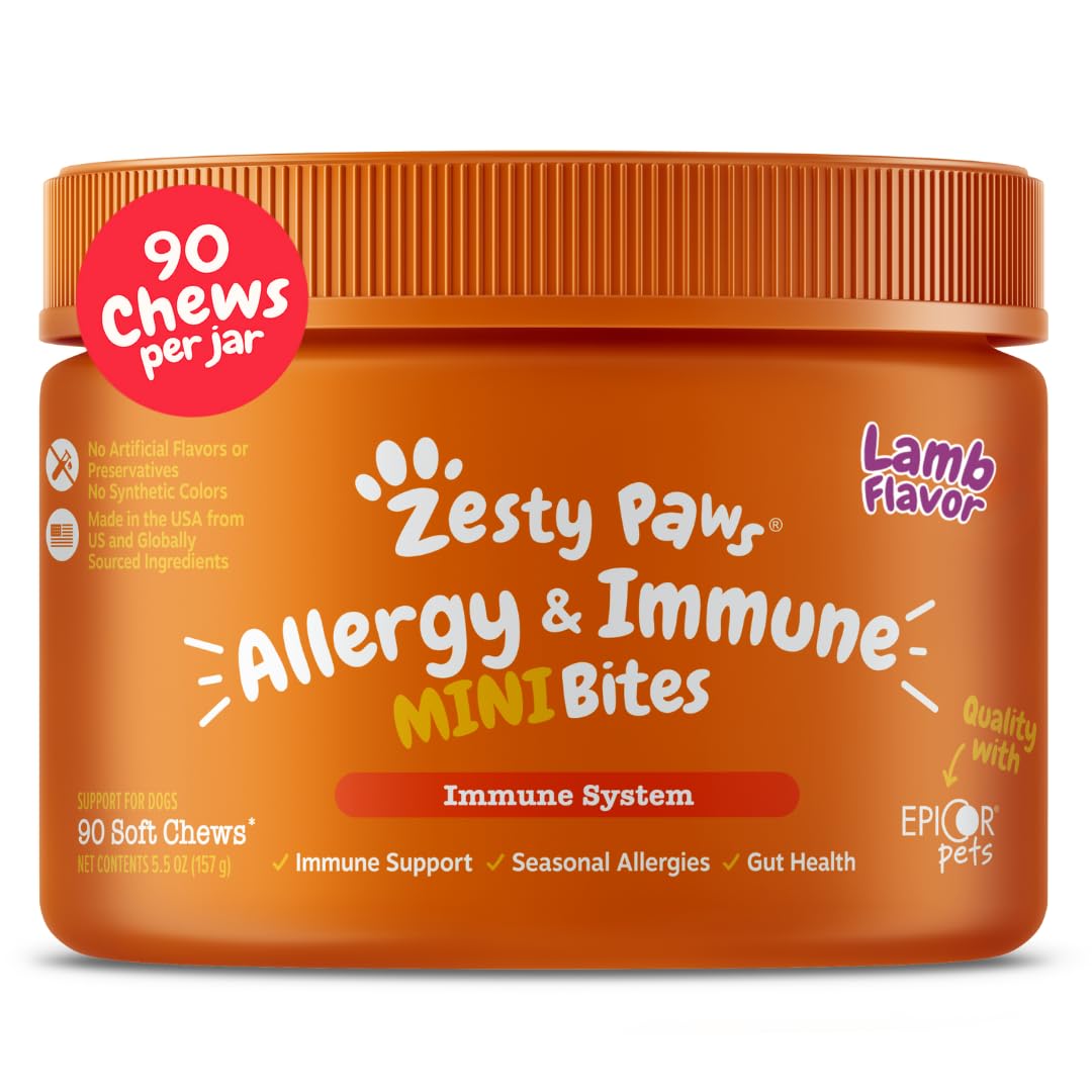 Zesty Paws Dog Allergy Relief Chews, Dog Probiotics for Itchy Skin and Ears, Lamb, Mini, 90ct