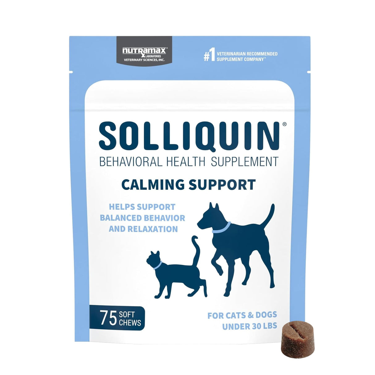 Nutramax Solliquin Calming Behavioral Health Supplement for Small to Medium Dogs and Cats - With L-Theanine, Magnolia / Phellodendron, and Whey Protein Concentrate, 75 Soft Chews