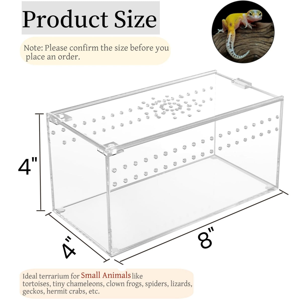 Tlence Acrylic Tarantula Enclosure Terrarium, 8" x 4" x 4" Small Magnetic Reptile Tank, Micro Spider Breeding Habitat Cage, Clear Ventilated Lizard Display Box for Hermit Crab Invertebrates Scorpion