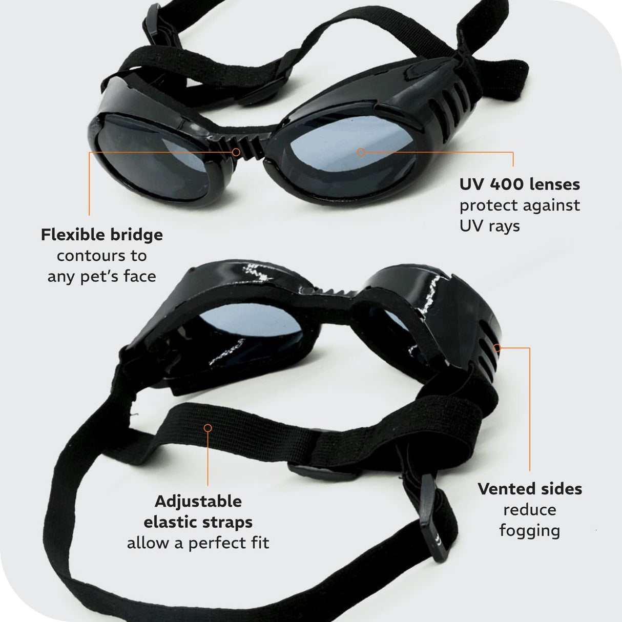 PetSpex® Dog and Cat Sunglasses, Pet Goggles with UV Protection, Windproof Water Resistant Pet Glasses with Adjustable Head and Chin Straps for Outdoor Adventures, Small, Black