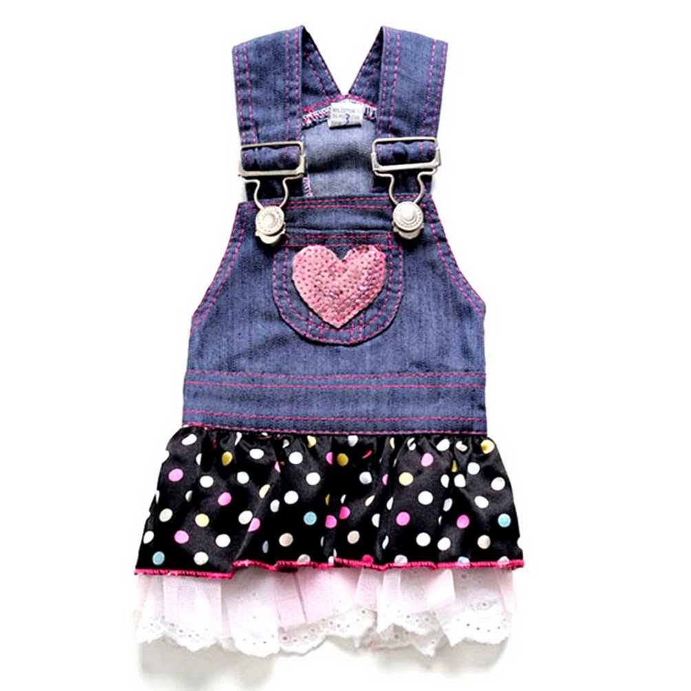 SELMAI Dog Costumes Dress Rompers Denim Jumpsuit for Small Puppies Pet Cats Princess Jean Clothes with Pocket Bib Outfits Pleated Tiered Skirt Polka Dots Heart Sequins for Summer M