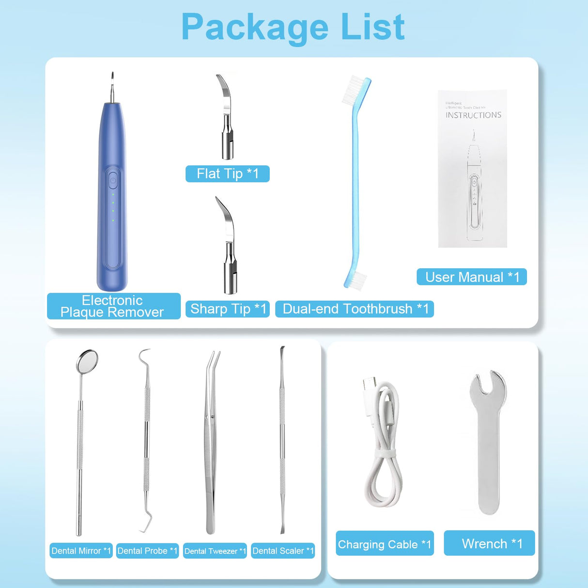Ultrasonic Dog Teeth Cleaner, 3 Modes Sonic Tooth Cleaner for Dogs, Low Noise Sonic Dog Plaque and Tartar Remover with LED Light, 2 Cleaning Head, Toothbrush, Dental Mirror Probe Tweezer and Scraper
