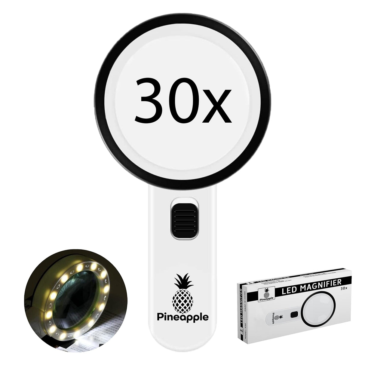 Pineapple Magnifying Glass with Light, 30X Handheld Large Magnifying Glass, LED Lighted Magnifier, High Powered Magnifying Glasses for Seniors, Macular Degeneration, Reading, Elderly