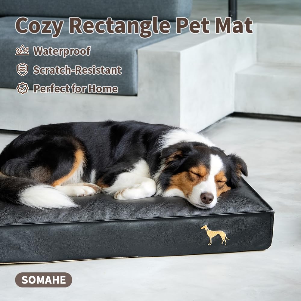 SOMAHE Dog Bed Medium Size Dog Orthopedic Beds for Small Dogs with Removable Washable PU Leather Cover Waterproof Black 35.4×27.5×4inch
