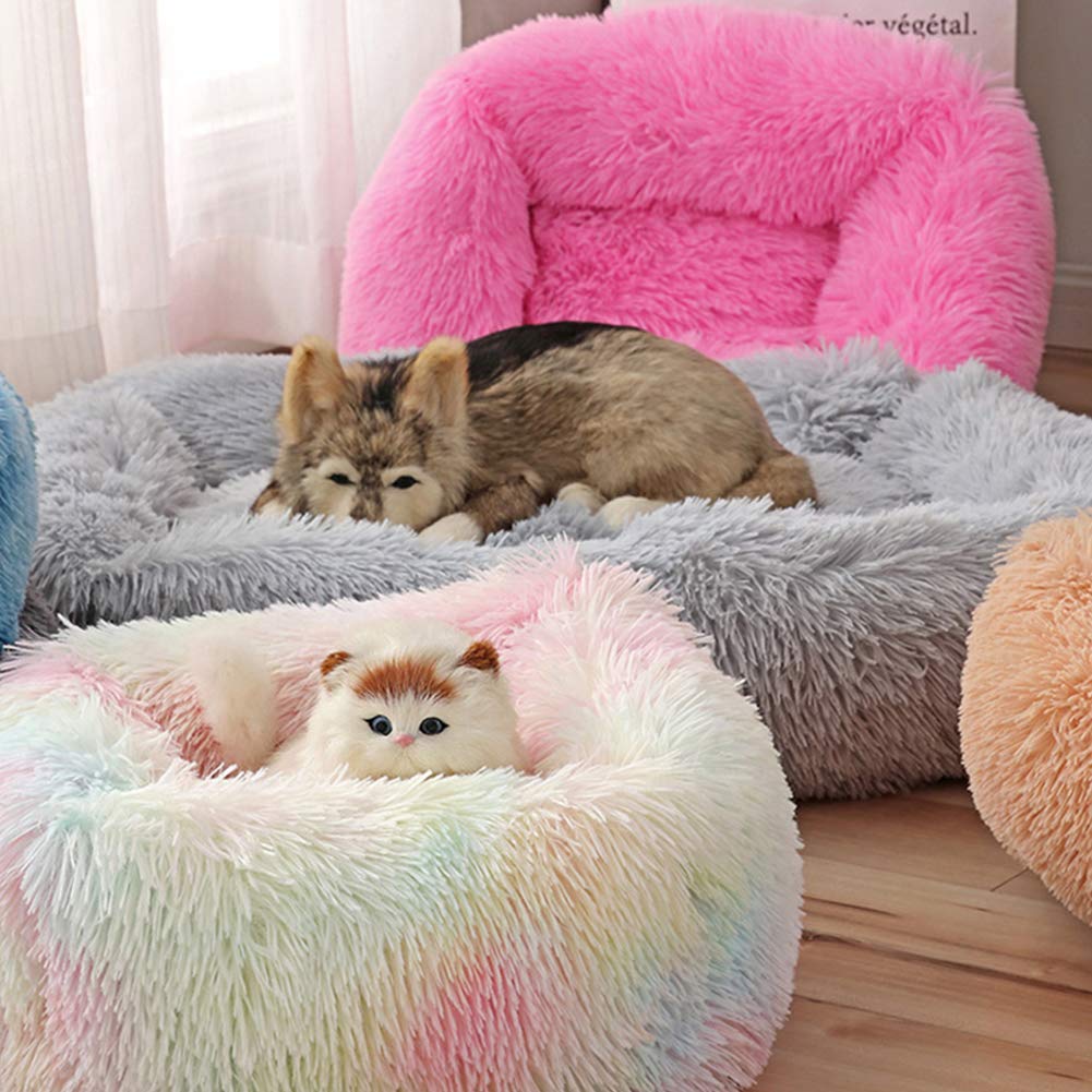La La Pet® Donut Dog Cat Bed Cozy Cave Pet Bed Burrow Dog Bed Calming Cuddler Self-Warming Pet Bed Soft Plush Pet Cushion Improved Sleep for Cats Small Medium Dogs Rainbow L