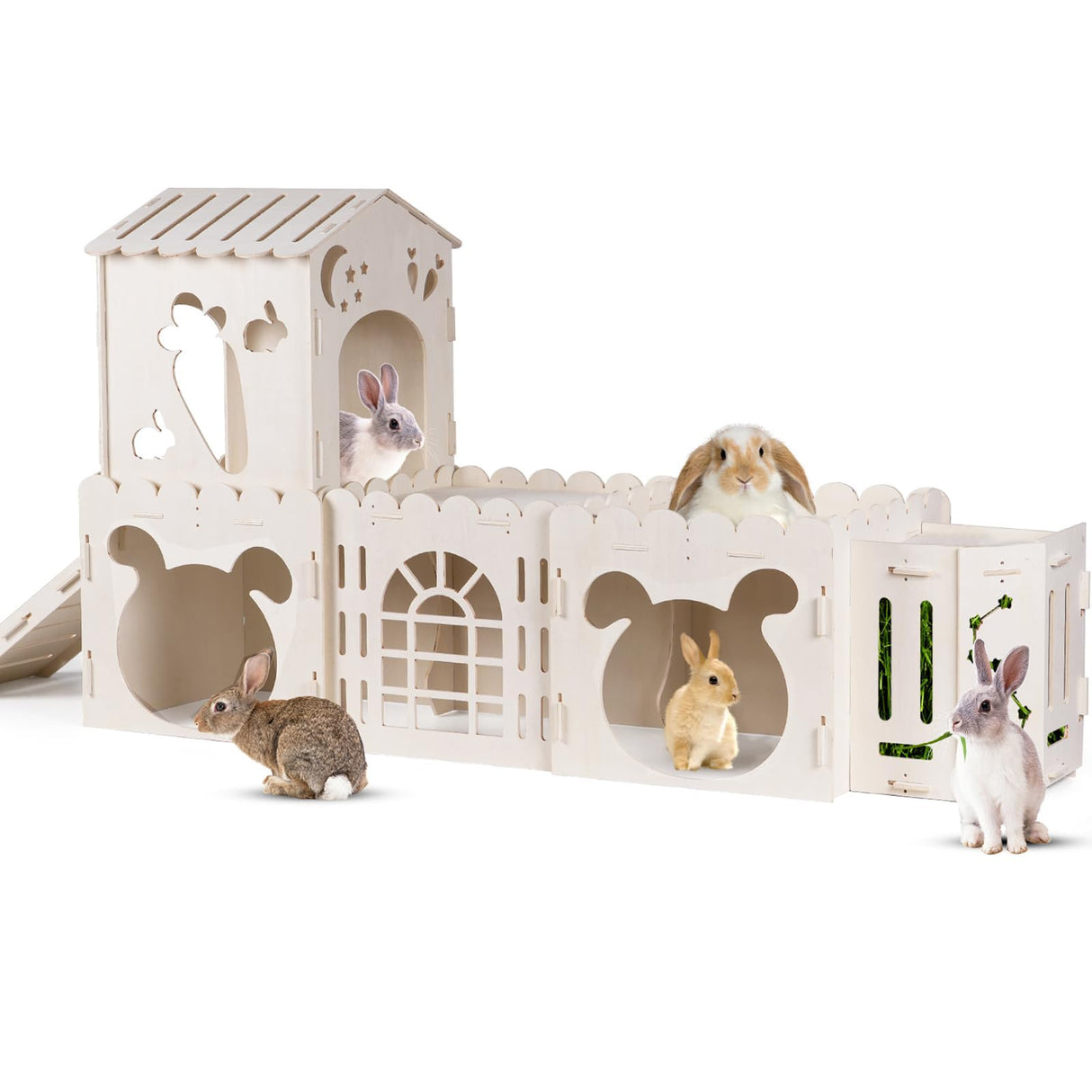 Extra Large Rabbit House, Wooden Bunny Castles with 4 Houses and Hay Feeder, Indoor Guinea Pig Castles Multistory Climbing Tower, Sturdy Wooden Bunny Cage Indoor, Small Animal Pet Rabbit Habitat