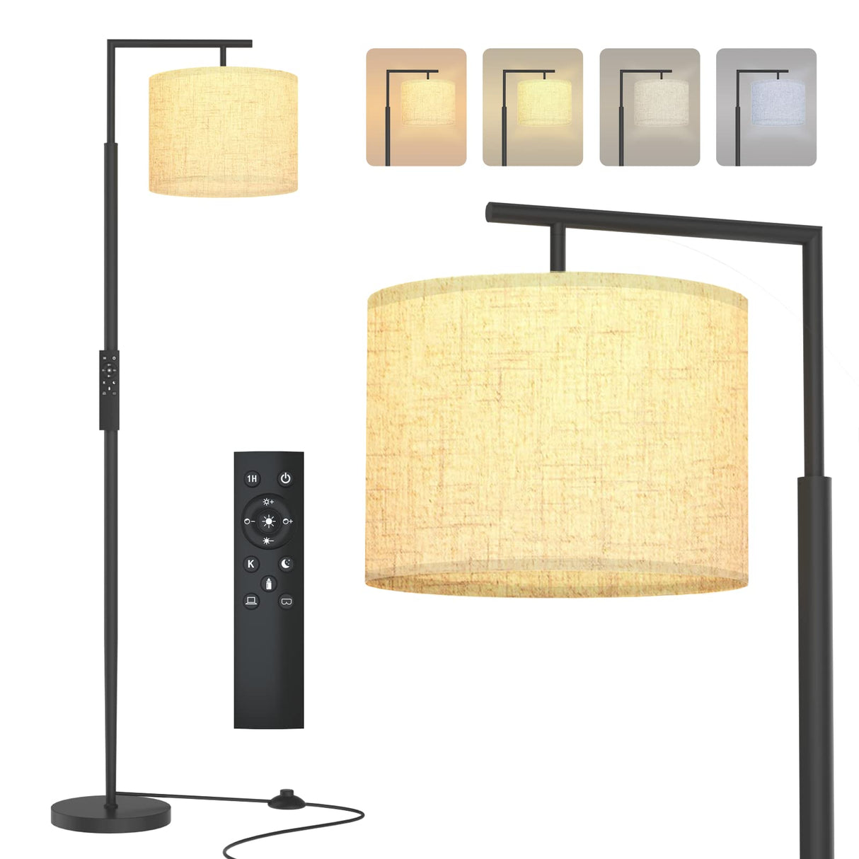 PESRAE LED Floor Lamp with Remote Control, 4 Color Temperature LED Bulb Included, Modern Standing lamp with Linen Lampshade for Bedroom, Living Room, Matte Black