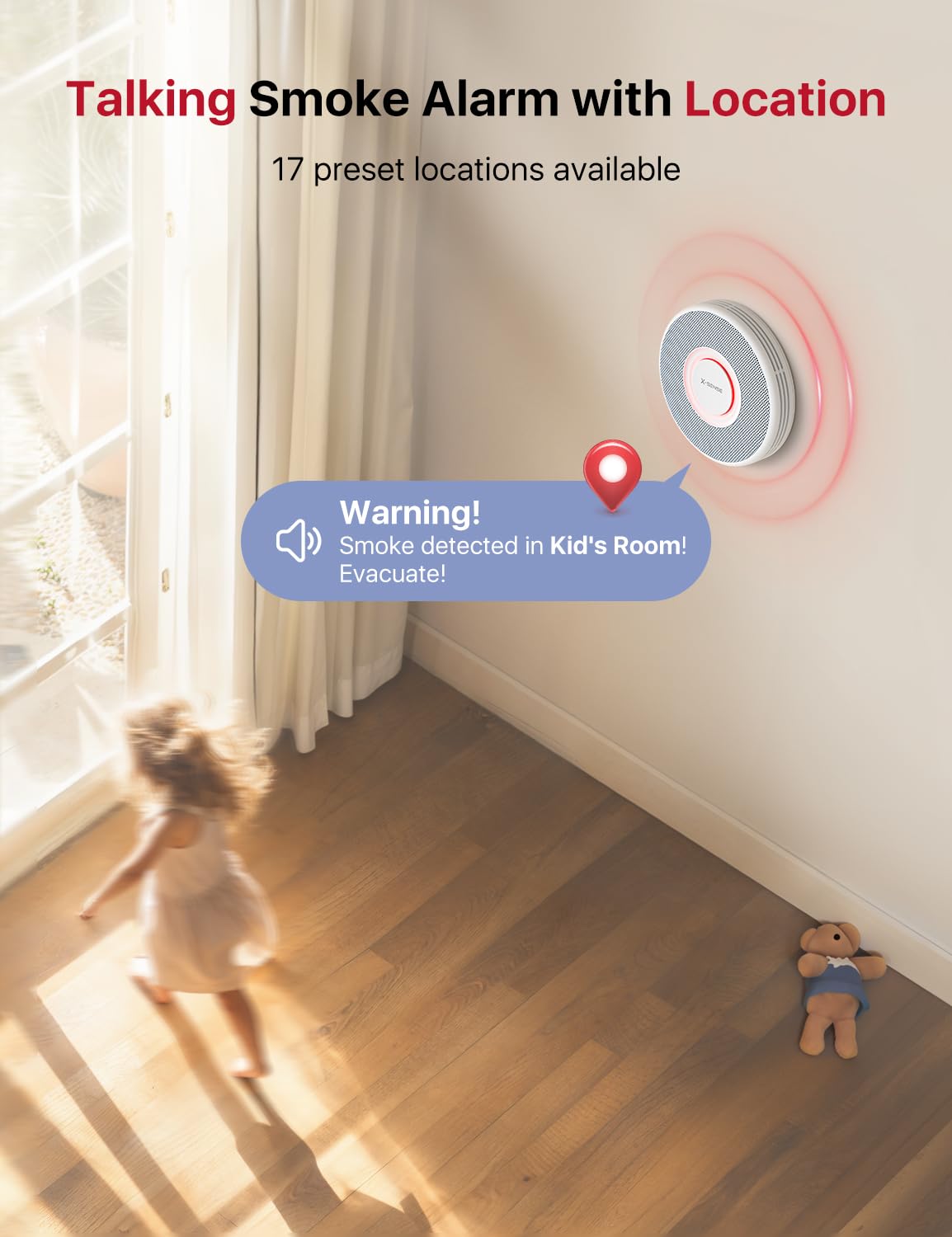 X-Sense Smart Smoke Detector with Voice Alerts and 17 Locations, Wi-Fi Smoke Alarm with SBS50 Base Station (Not Included), Test from APP, Wireless Interconnected Fire Alarm, Model XS0B-MR, 1-Pack