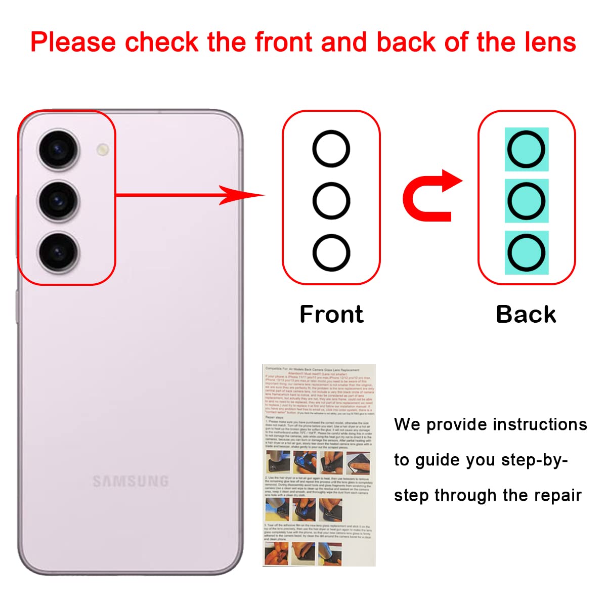 Phoupair 2 Set Back Rear Camera Glass Lens Replacement for Samsung Galaxy S23 and S23+ Plus (All Carriers) with Adhesive Preinstalled with Repair Tool Kit