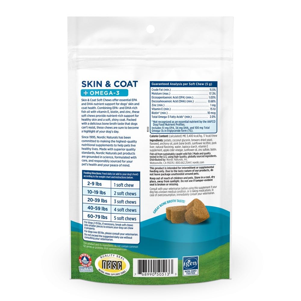 Nordic Naturals Pet Skin & Coat Soft Chews with Omega-3-30 Pork Bone Broth Flavored Soft Chews - Nutritional Support for Healthy Skin & a Soft and Shiny Coat - Non-GMO and IFOS Certified