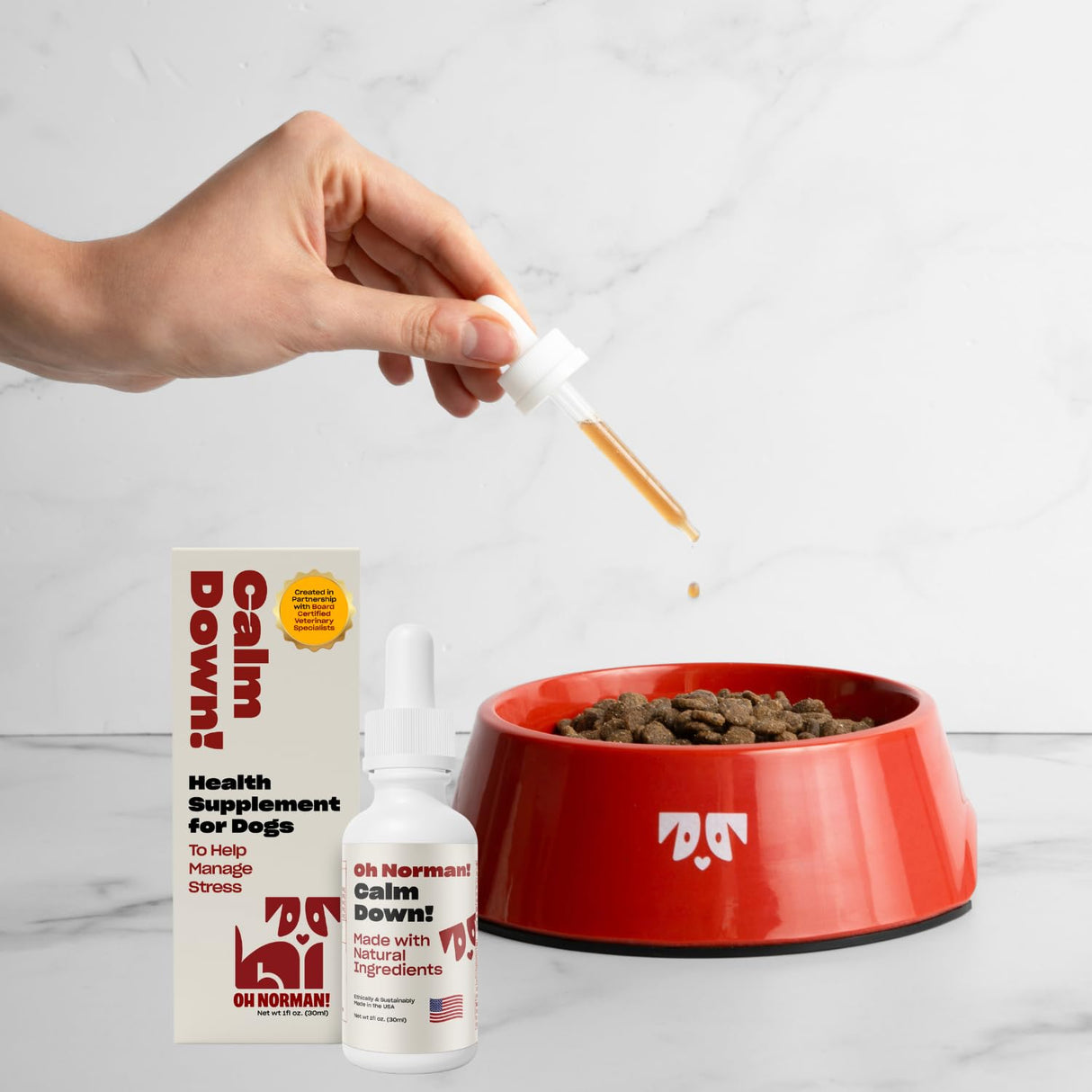 OH NORMAN! Dog Calming Aid Supplement with Chamomile, L-Theanine, Valerian, Passion Flower & Melatonin - Calm Down! by Kaley Cuoco - Ideal for Separation, Thunderstorms, Fireworks & Travel - 1 Fl Oz
