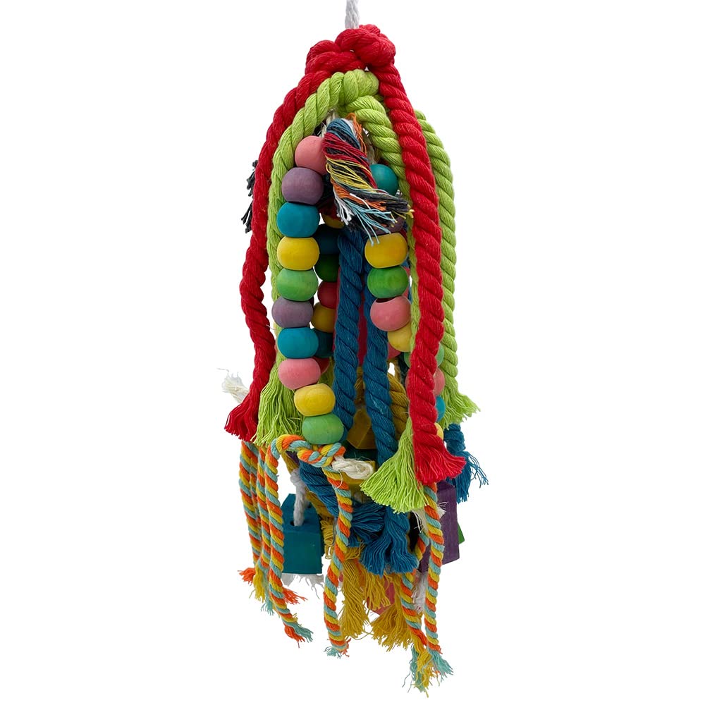 GILYGI 20.5 inch Parrot Chewing Toys - Wooden Block Tearing and Cotton Rope Toys for Medium Large Extra Large Parrot Conures African Grey Amazon Cockatoo and Macaw