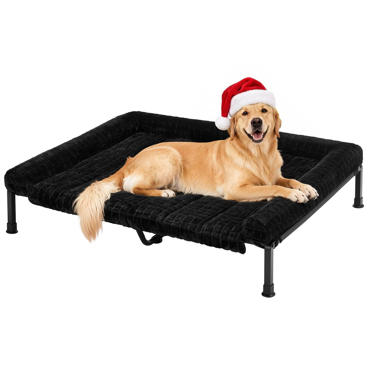 Veehoo Elevated Dog Bed Large Sized with Fluffy Plush Bolster Cushion, Washable Orthopedic Dog Couch Bed, Cooling Raised Pet Cot with Removable Mat, Breathable Mesh, No-Slip Feet, 48x 37 inches, Black
