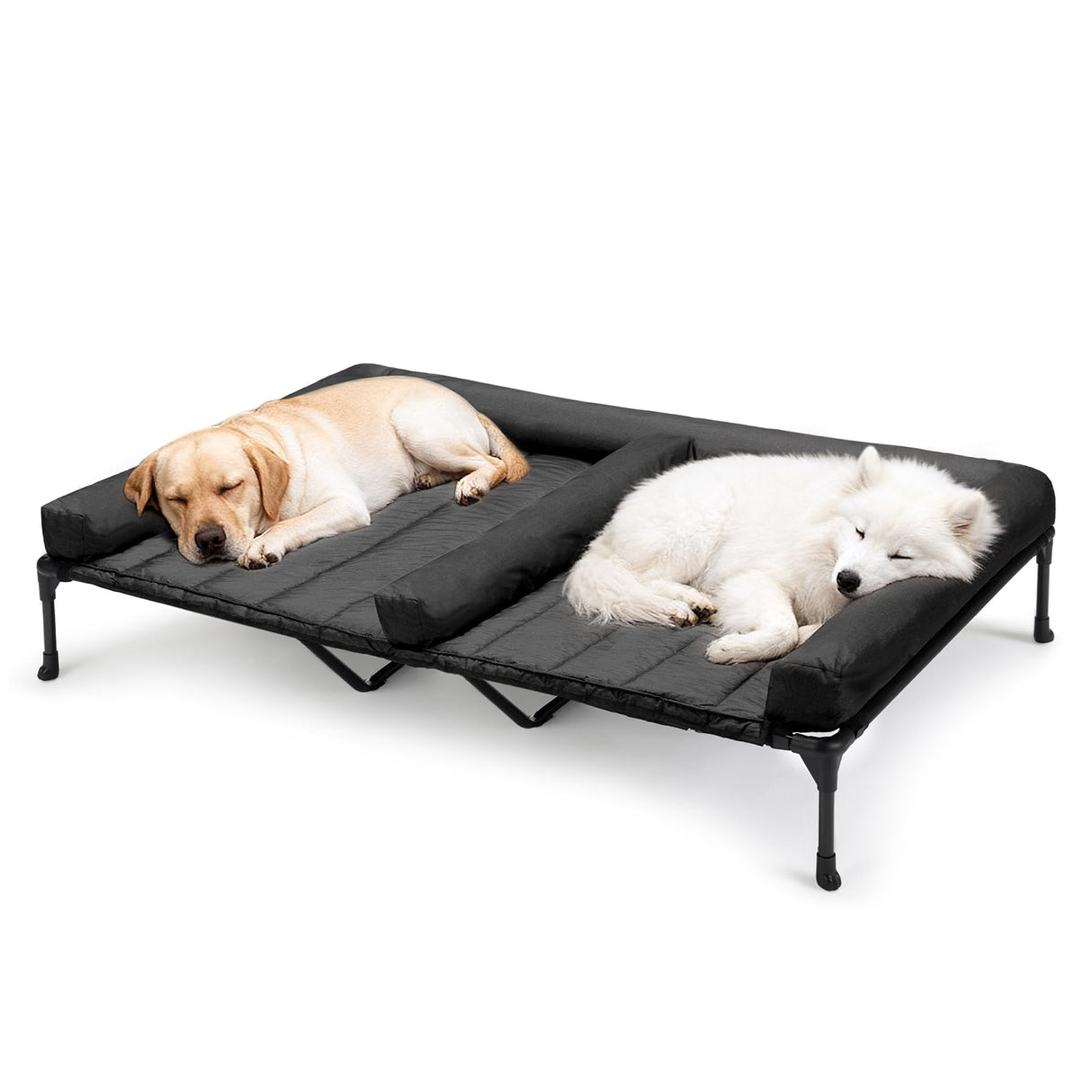 Veehoo Cooling Raised Dog Beds + Waterproof Double Dog Bed Cushion for Two Medium Dogs, Elevated Pet Cot with Removable Bolster Mat, Breathable Mesh, No-Slip Feet, Pets Couch Bed, 59x37.5inches, Black