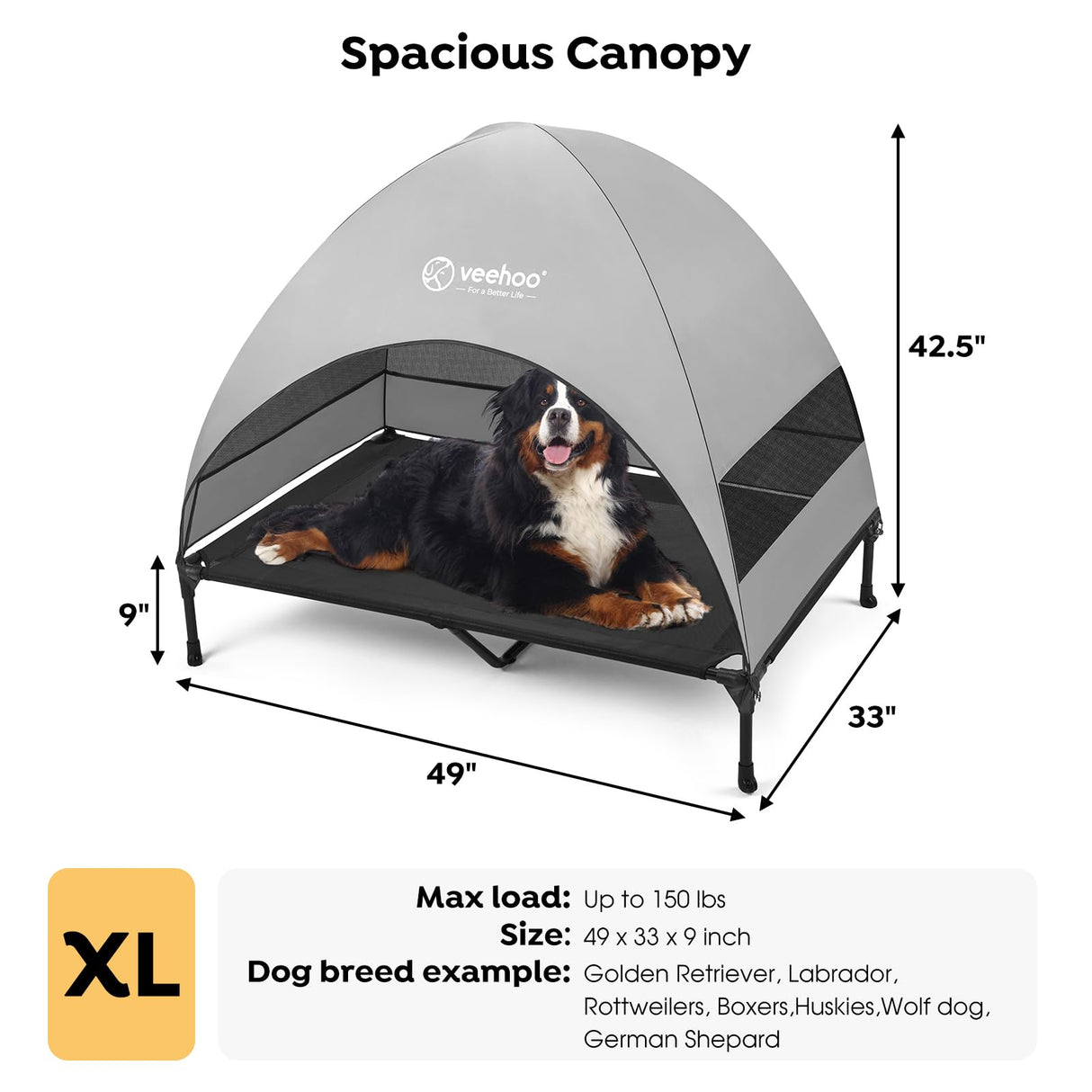 Veehoo Outdoor Dog Bed with Canopy, Cooling Elevated Pet Cot with Removable Shade, Non-Slip Feet, Raised Dog Cot for Large Dogs, Pet Tent Bed for Camping, Beach, XLarge, Black + Grey, CWC2411