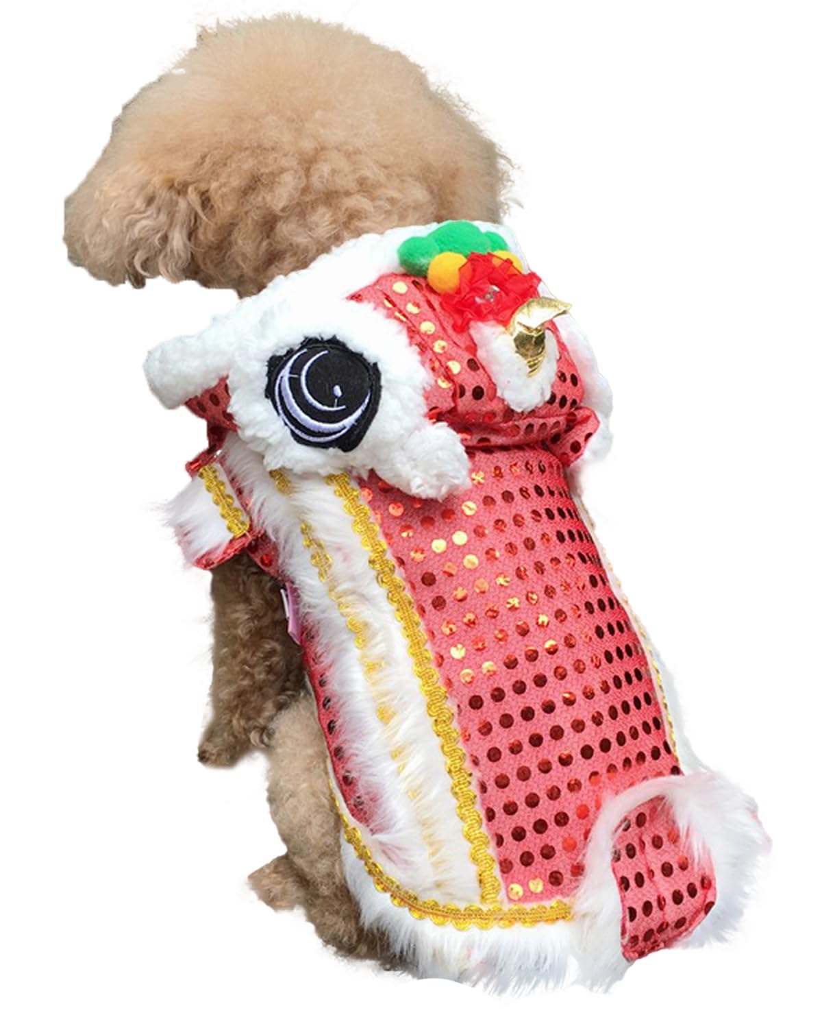 Chinese Dance Lion Dog Costume Chinese New Year Hoodies Spring Festival Winter Dog Warm Clothes Pet Coat Dress up (Red,Medium)