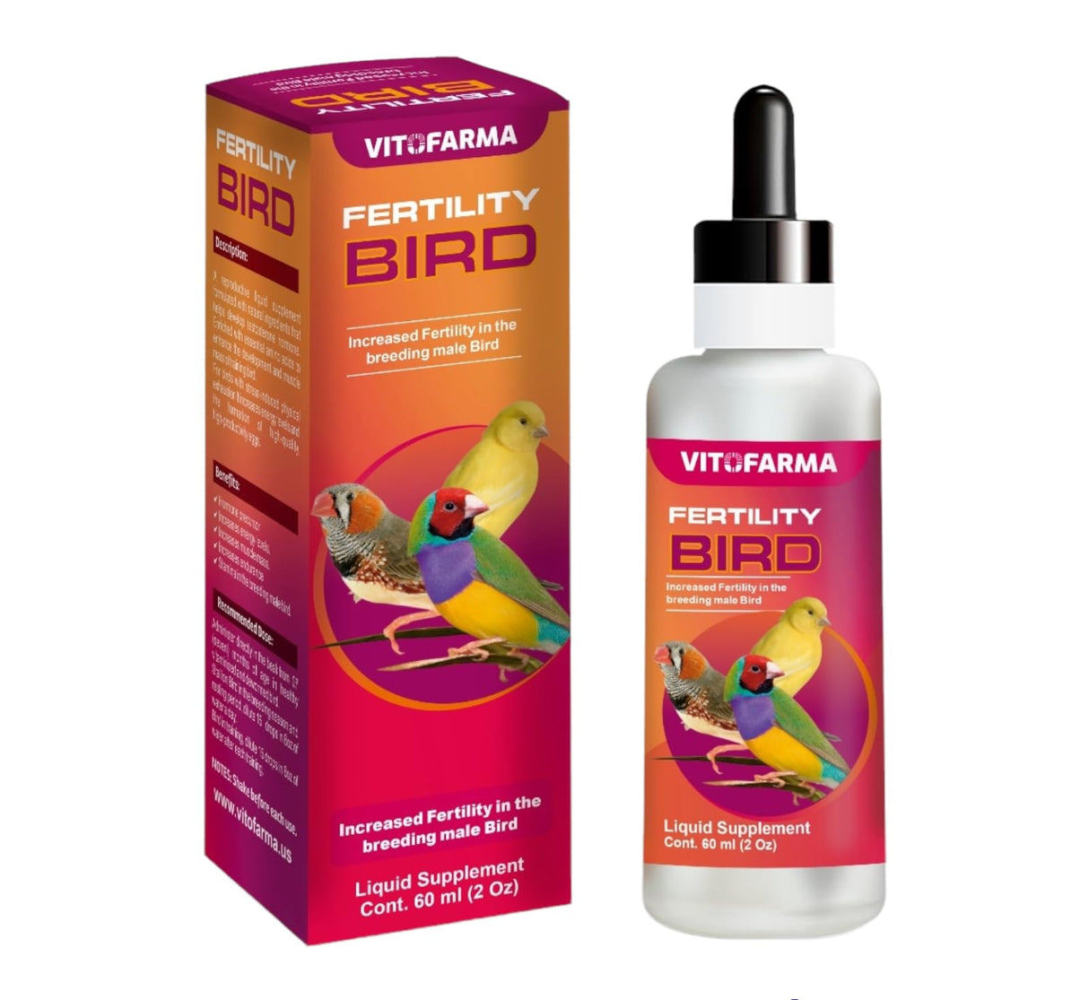VITOFARMA Fertility Bird Supplement for Birds - Boost Breeding Success & Reproductive Health - 60ml Liquid Formula for Finch, Canary, Parakeet, Budgie, Exotic Birds - Easy Dropper Dosage