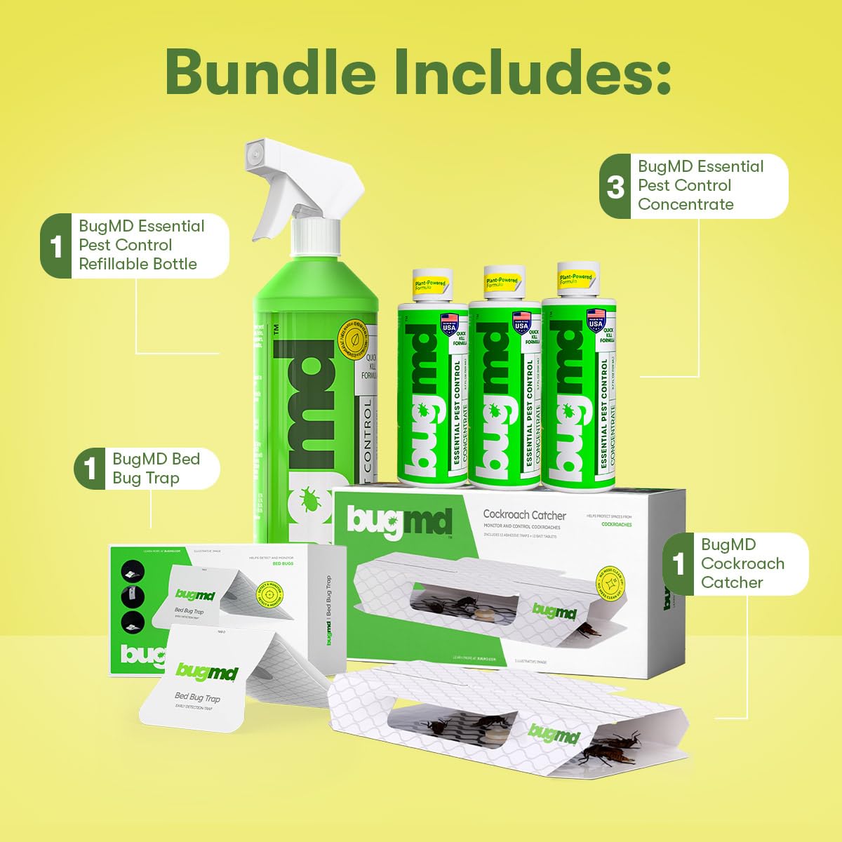 BugMD Essential Pest Control Concentrate (3 Pack) with Spray Bottle 32 oz, BugMD Cockroach Catcher (1 Pack) and BugMD Bed Bug Trap (1 Pack) Bundle