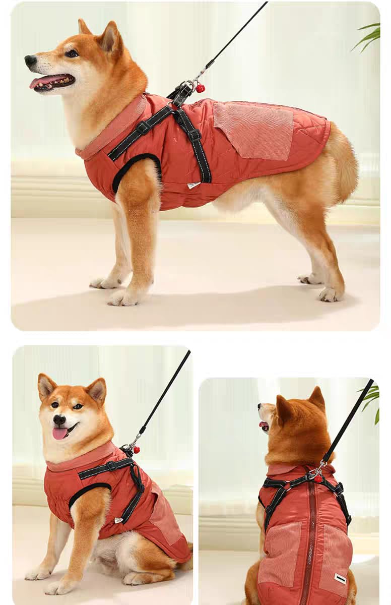 Dog Coat for Medium Dogs Jackets Waterproof Reflective Fleece Inner Dog Winter Jacket with Harness Zipper Dog Cold Weather Coats for Medium Dogs Winter Coat Clothes Red