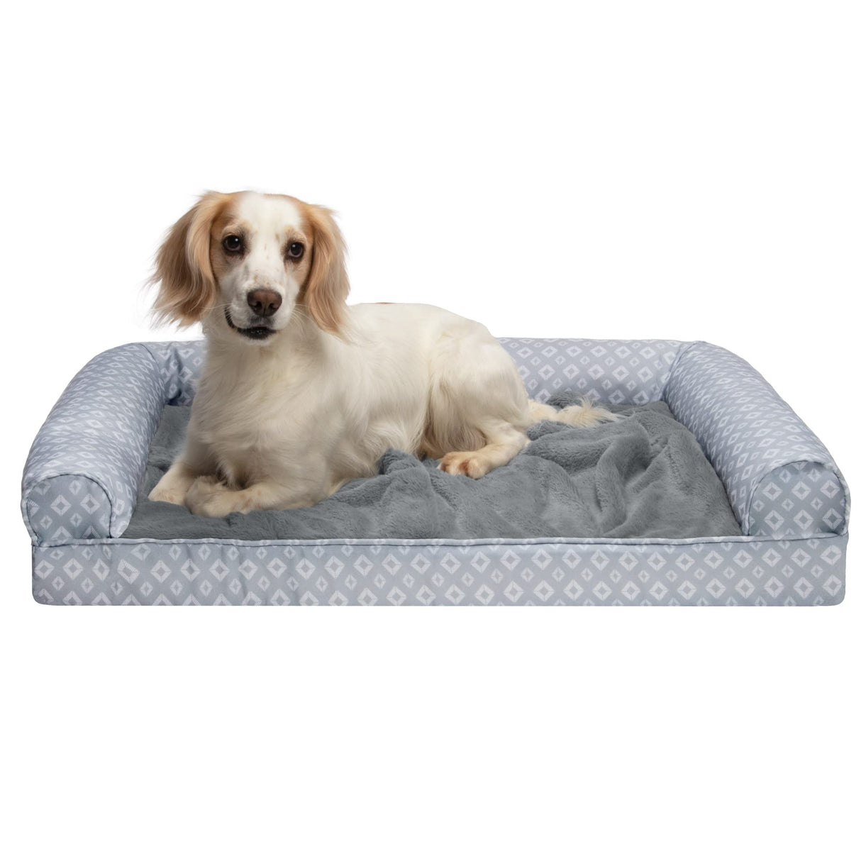 Furhaven Cozy Memory Foam Dog Bed for Large/Medium Dogs w/ Removable Bolsters & Washable Cover, For Dogs Up to 55 lbs - Plush & Diamond Print Nest Top Sofa - Gray, Large