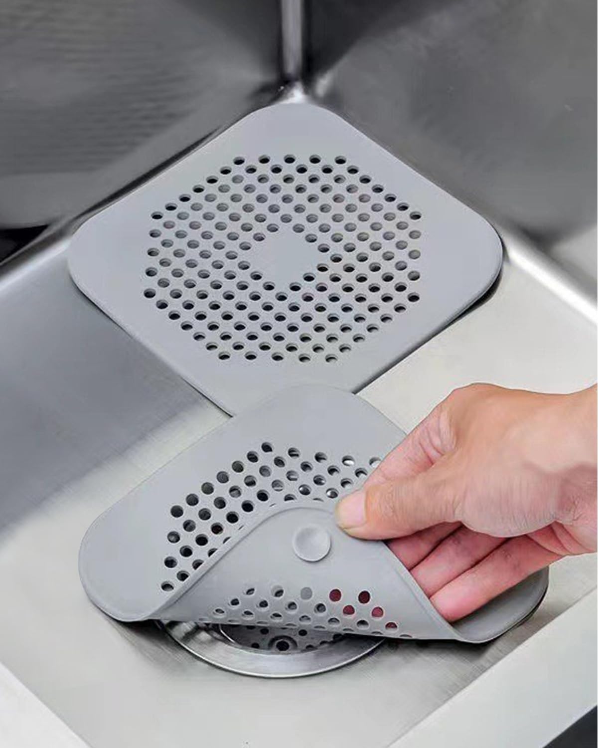 2Pcs Hair Drain Catcher, Square Drain Cover, Shower and Bathtub Hair Stopper for Bathroom, Kitchen, and Sink, Easy to Install, (Grey)